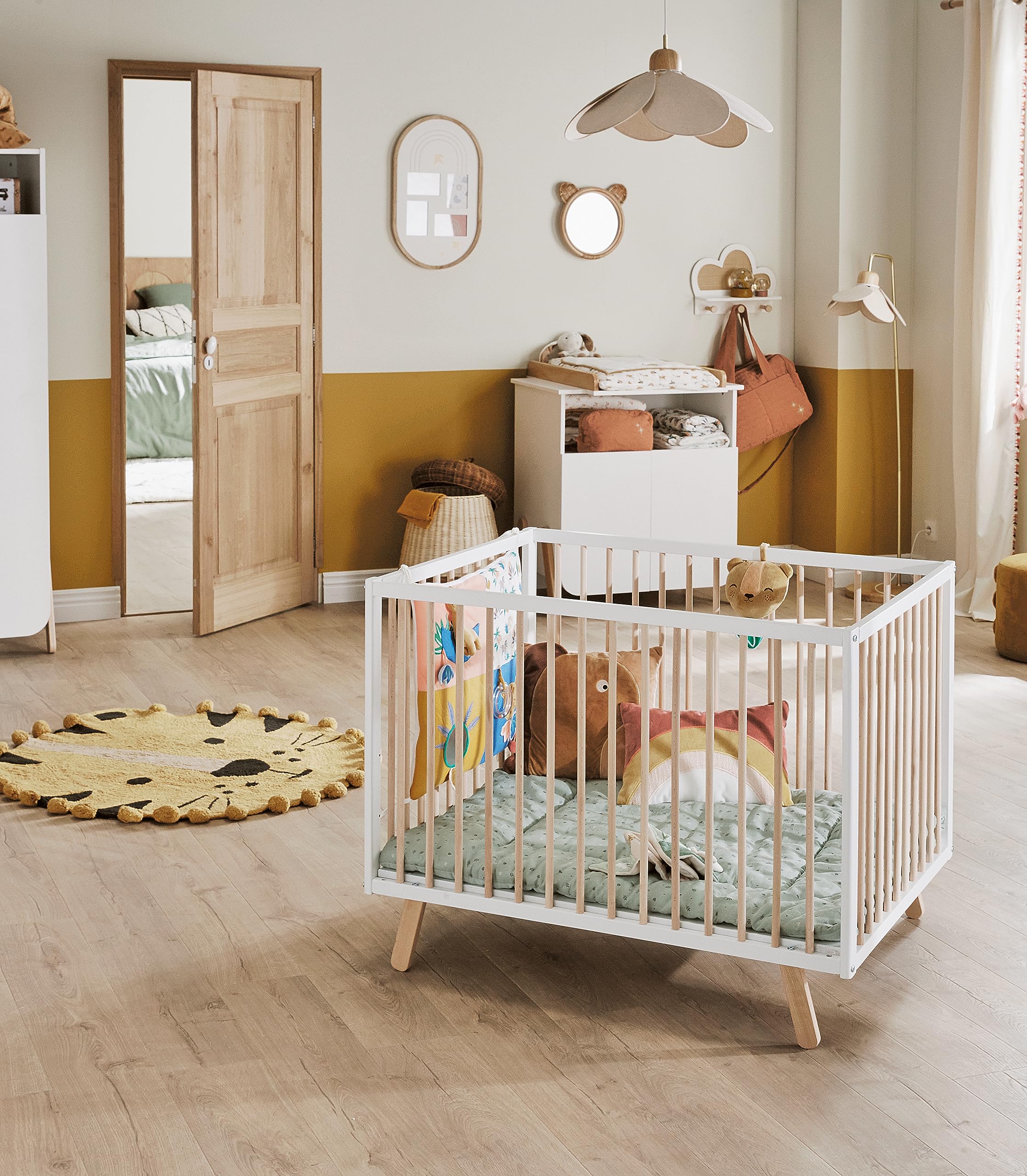 AT4 - Parc bébé Pirate en bois Blanc et Hêtre 80 x 100 cm | Fond réglable 3 hauteurs | Pour enfant jusqu'à 24 mois