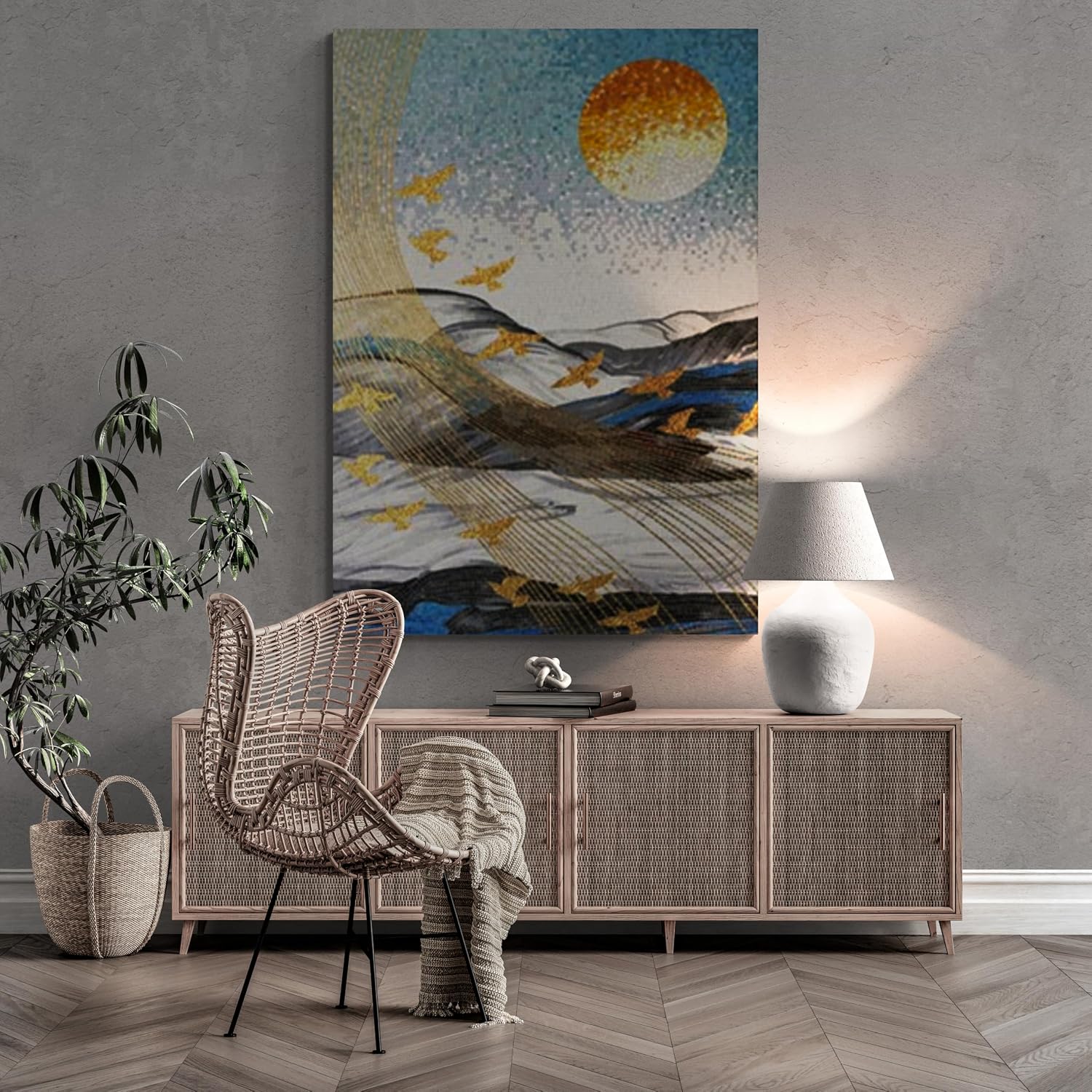 Handmade Golden Birds Glass Mosaic Wall Art, Bird Tile Mosaic Artwork, Hand-Cut Contemporary Luxury Wall Décor