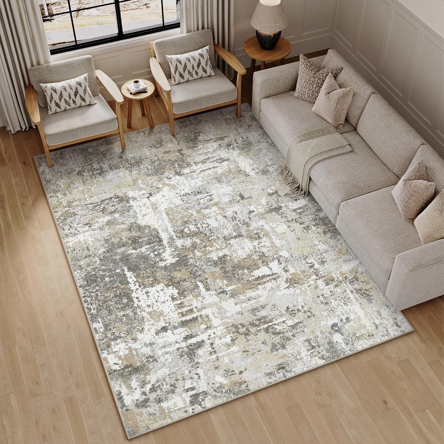 5x7 Area Rug Brown Grey Carpet Washable Living Room Bedroom Abstract Neutral Dining Room Non Slip Soft Thin Low Pile Indoor Throw Rug Accent Office Kitchen Contemporary