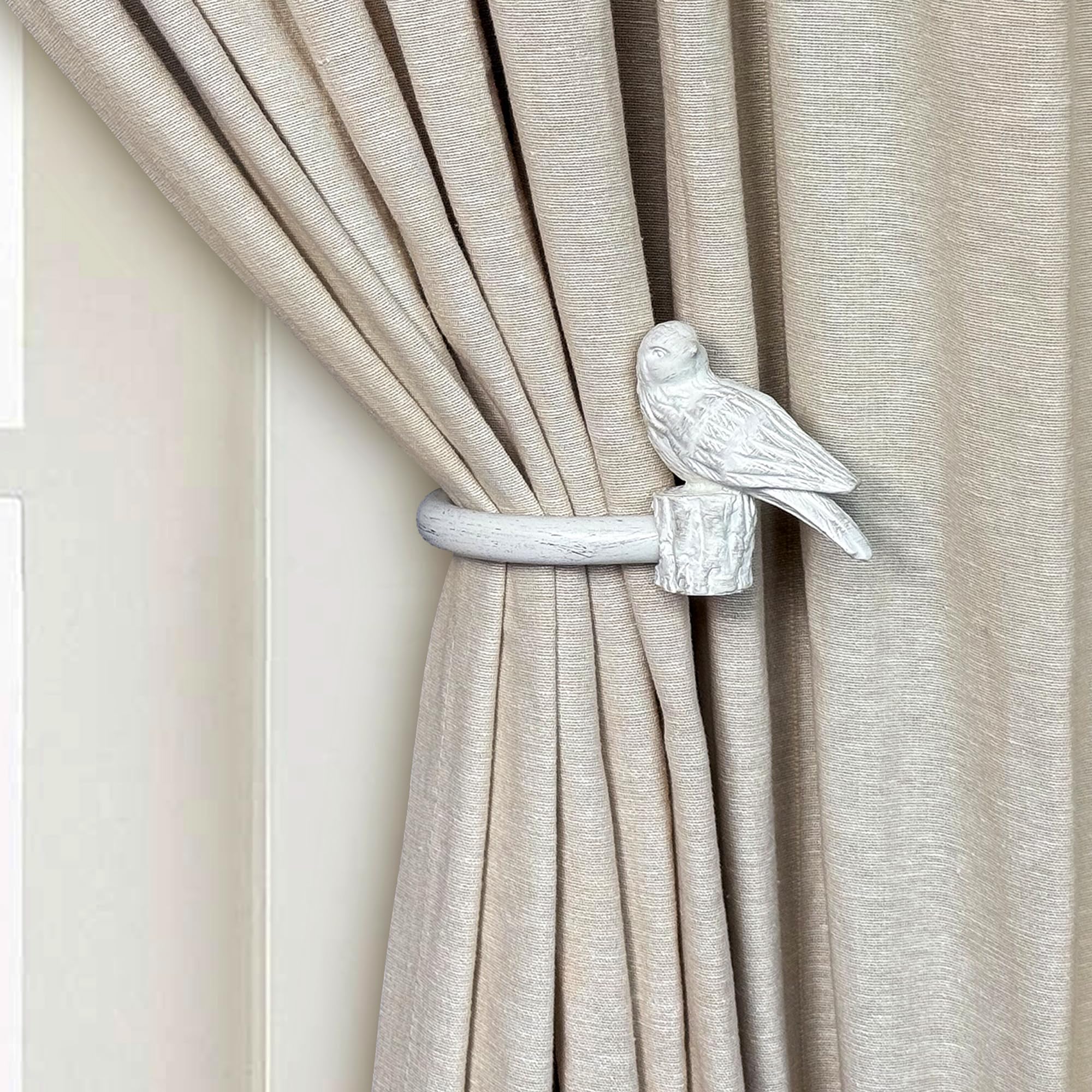 ILAISIHOME Curtain Drapery Holdbacks with Resin Bird, Wall Mount Drapery Hooks Holders, Set of 2, White