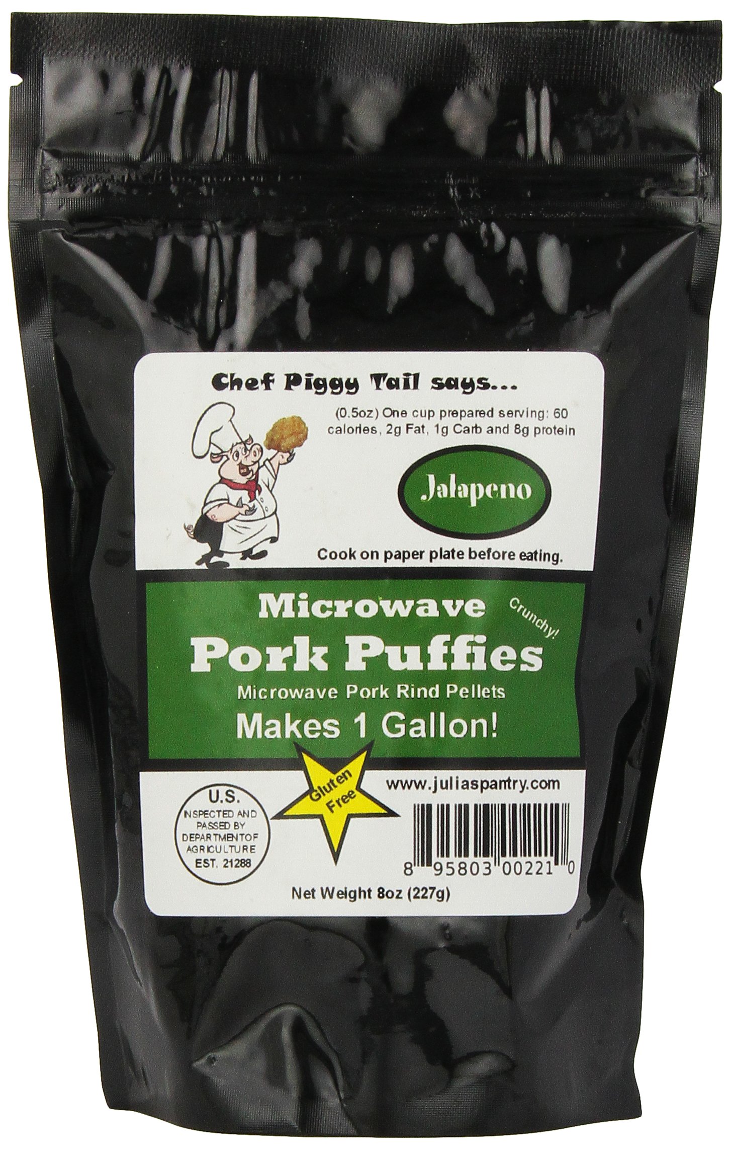 Chef Piggy Tail Microwave Pork Puffies Pork Rinds, Jalapeno, 8 Ounce