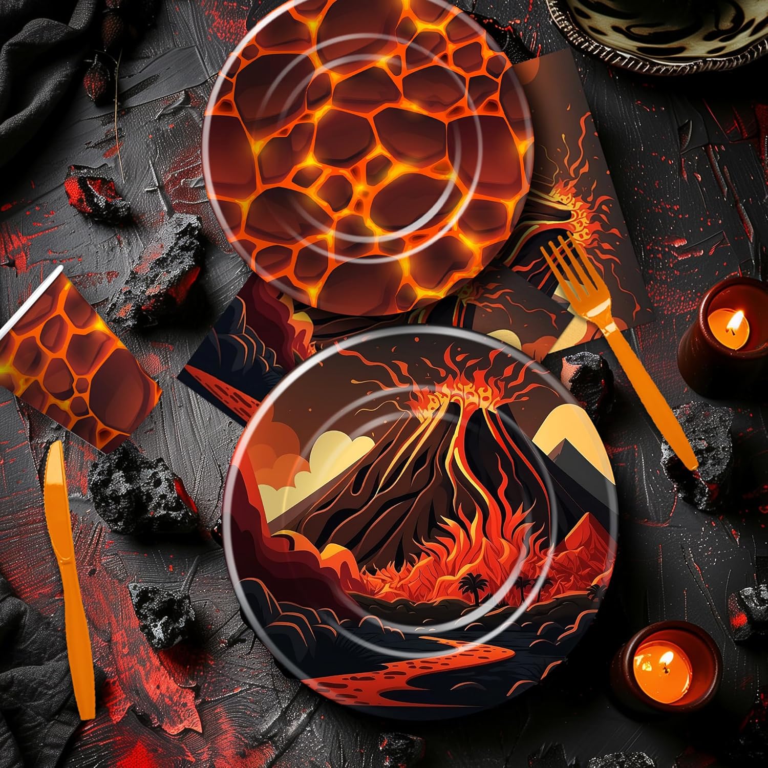 Volcano Party Decorations Tableware, Volcano Hot Lava Birthday Party Supplies, Paper Plate, Cup, Napkin, Tablecloth, Cutlery, Lava Volcano Theme Dragon Dinosaur Party Decorations, Serve 24
