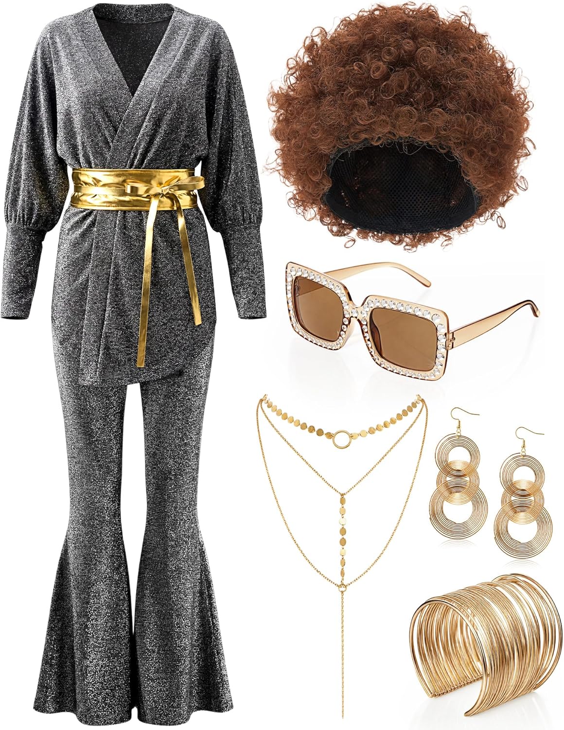Gejoy Women 70s Disco Outfit Retro Disco Costume with Glitter Top Pants Wig Necklace Bracelet Earrings for 60s 70s 80s Party