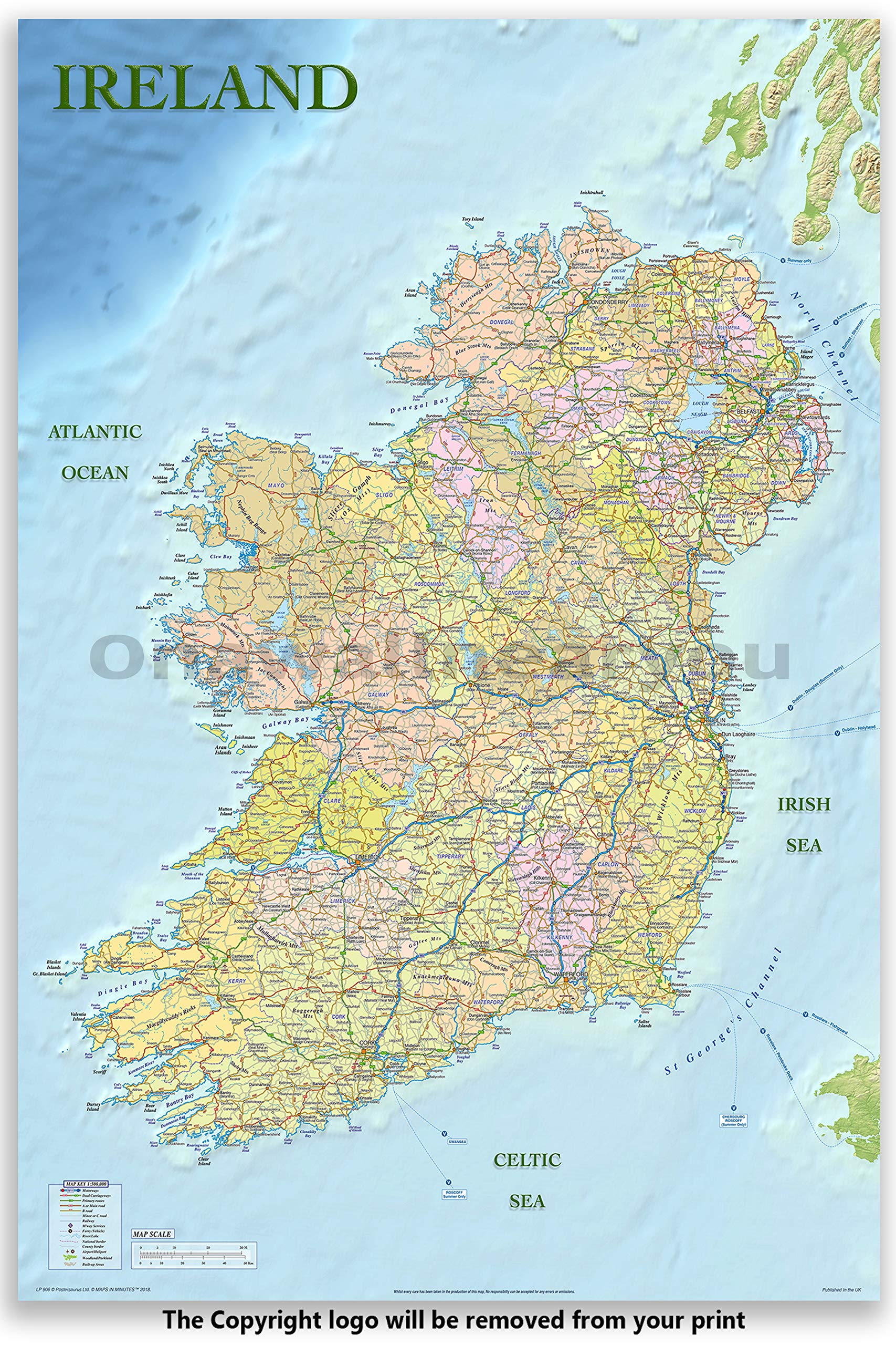 Ireland Political Road Map LAMINATED/ENCAPSULATED Poster, Measures 36 x 24 inches (91.5 x 61 cm)