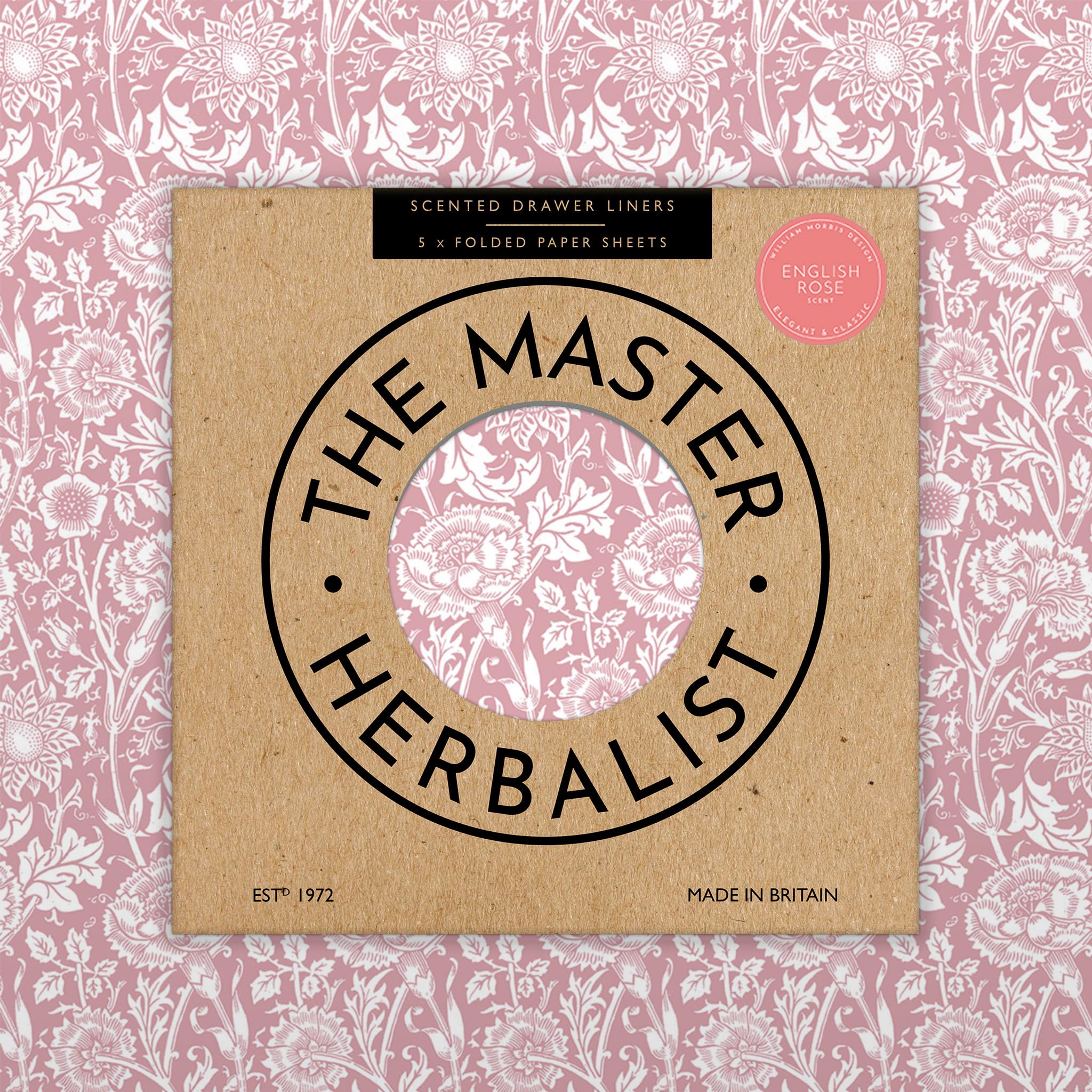 The Master Herbalist Fragranti Fodere per Cassetti Profumate Design William Morris | Confezione da 5 Fogli | Contiene Olio Essenziale (Rosa | Rosa di Eleboro, Folded)