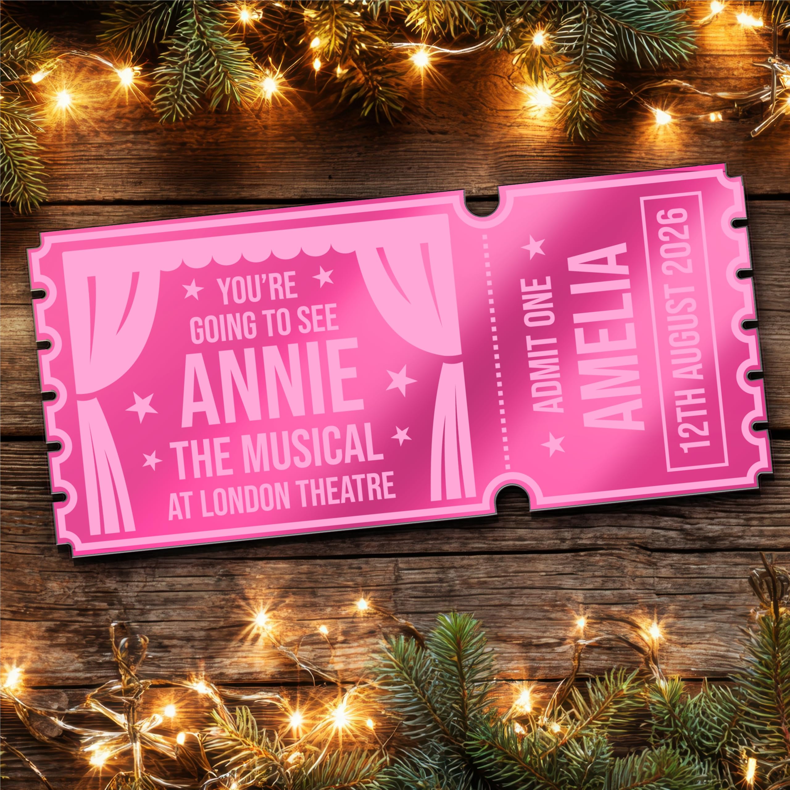 Pink Mirror Acrylic Ticket Any Musical Theatre Personalised Any Text Voucher | Custom Surprise Reveal Voucher Ticket | Announcement Greeting Card | Note Card