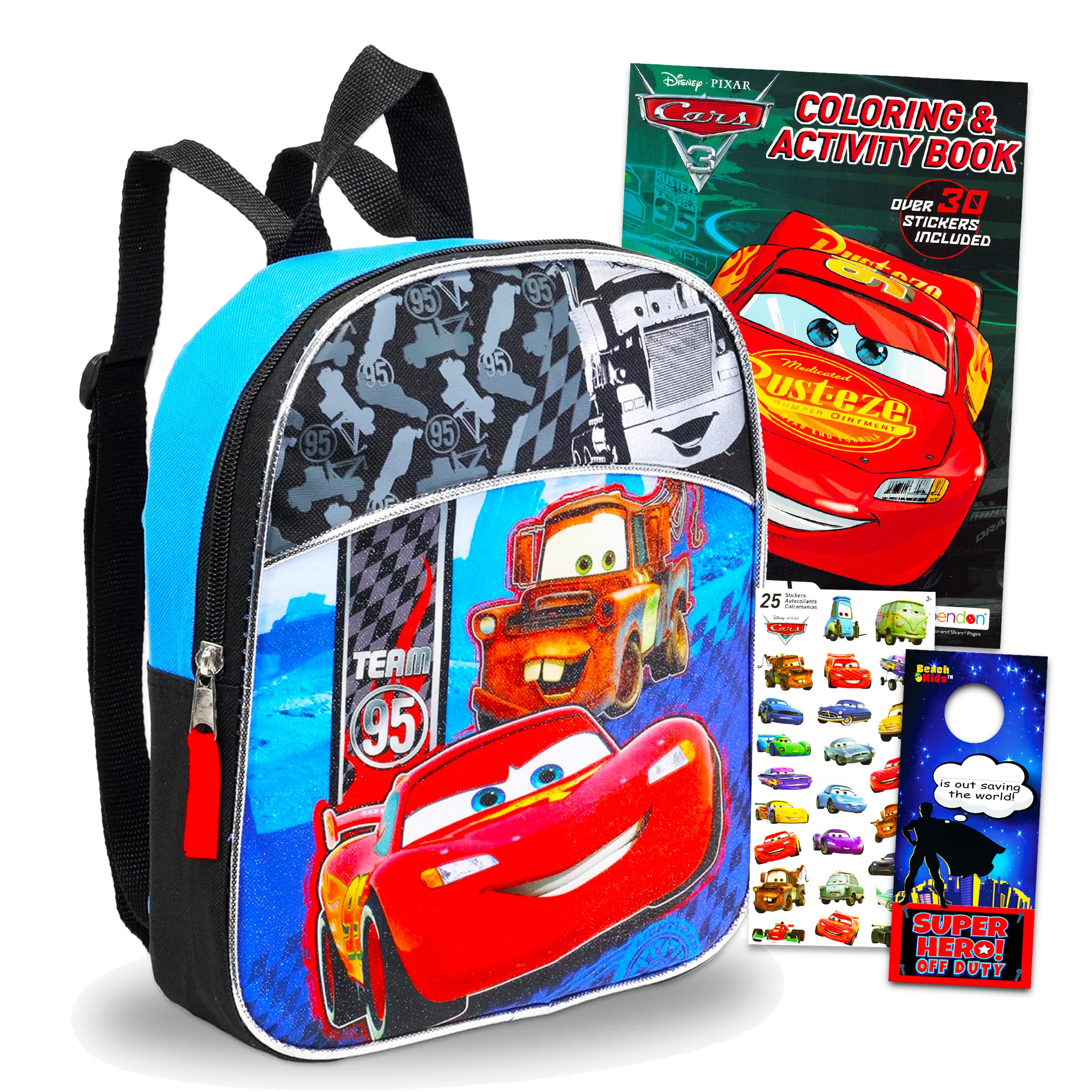 Cars Backpack for Toddlers ~ Deluxe 11" Mini Cars Preschool Backpack for Kids Bundle with Cars Stickers, Coloring Book, and Beach Kids Door Hanger