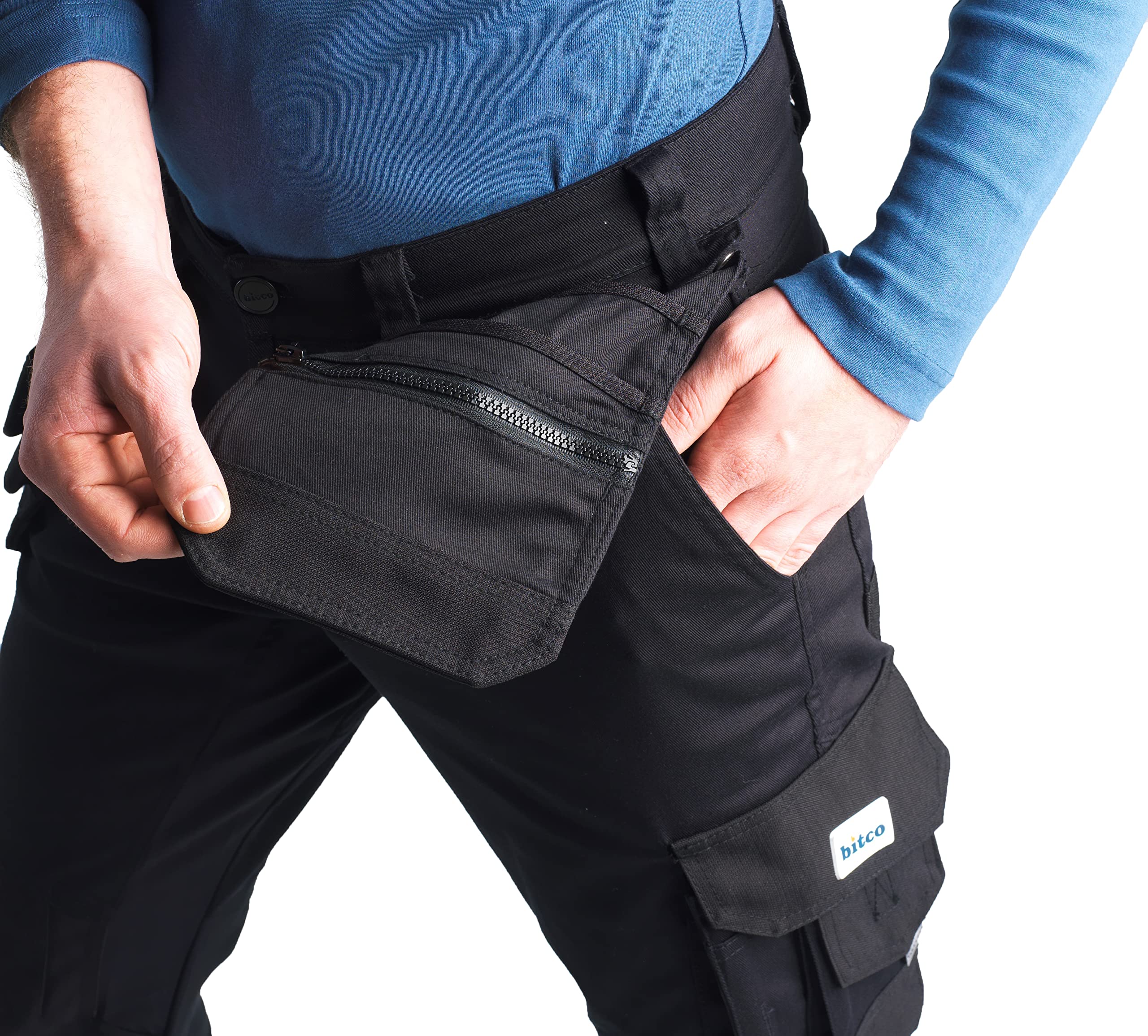 Bitco Pantalon de Travail – Stretch Déperlant & Anti-Huile 245 g/m², Renforts Cordura®, Poches Cargo & pour Genouillères, Zones 360° Ultra-Stretch