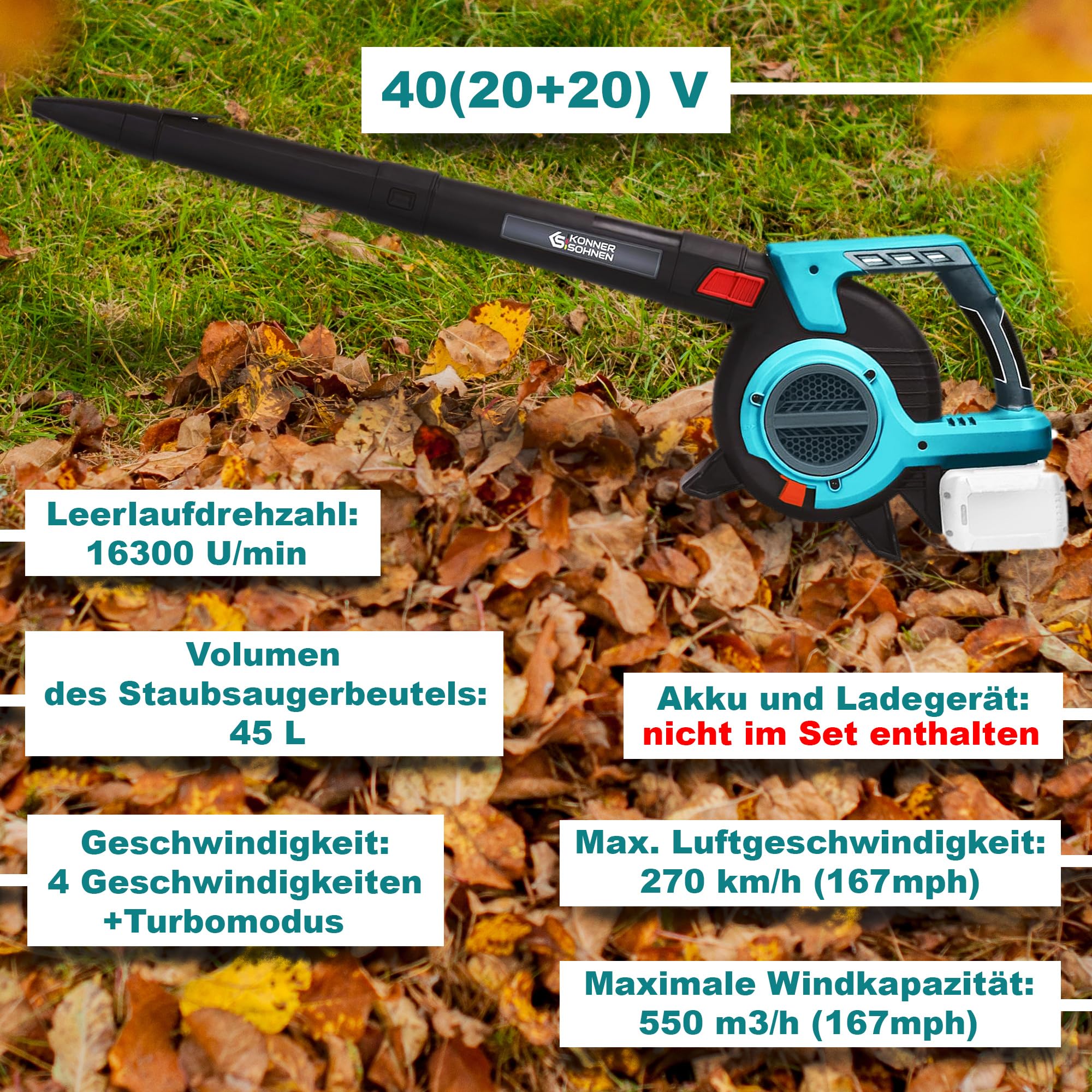 Akku-Gartensauger mit Laubzerkleinerungsfunktion KS LBV-40V, Nennspannung 40 (20+20) V, Leerlaufdrehzahl 1630 U/min, Volumen des Staubsaugerbeutels 45 l, 4 Geschwindigkeiten +Turbomodus