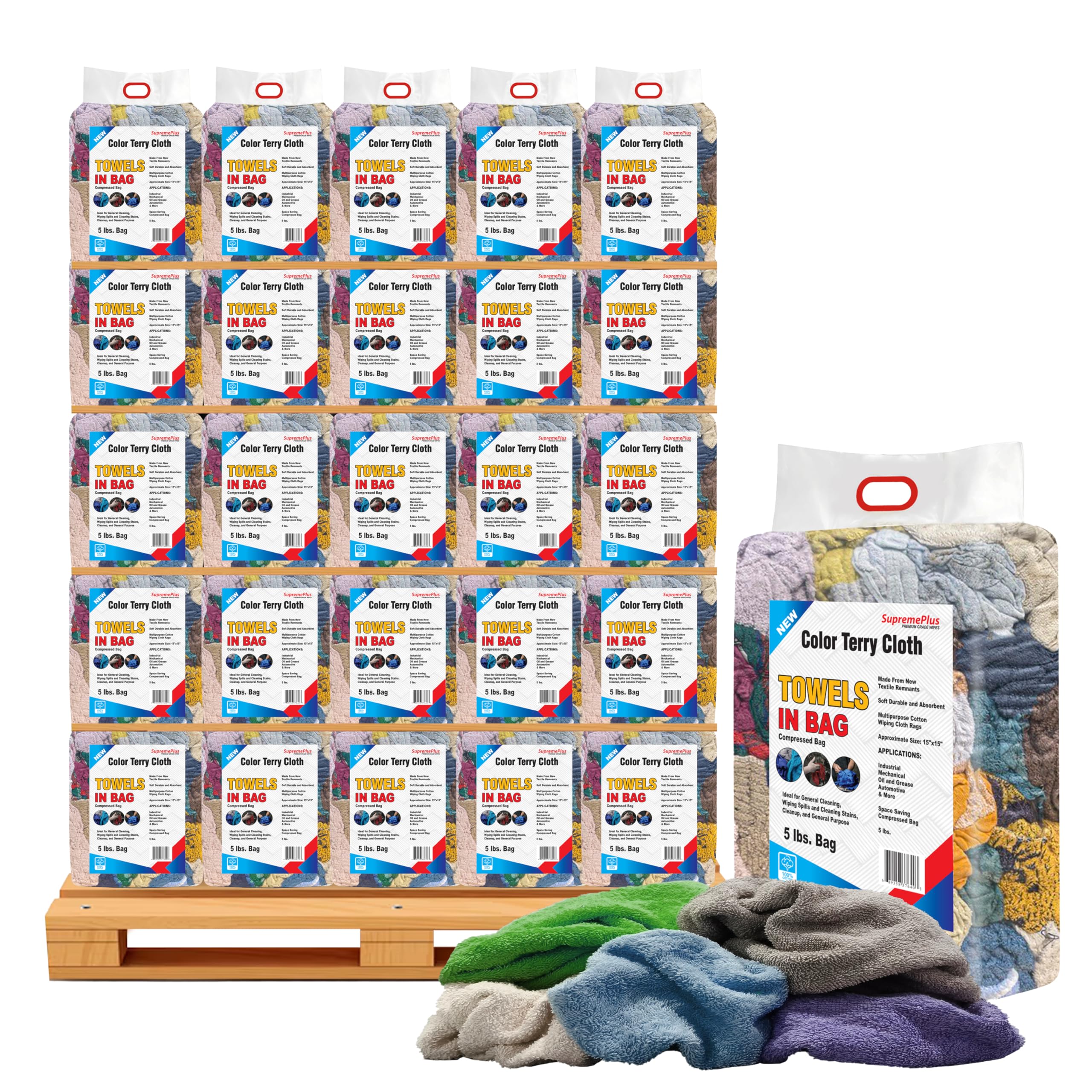 Premium Color Terry Cloth Rags - 600 lbs Pallet 120x5 lbs Bag Super Absorbent Cotton Towel Cleaning Rags