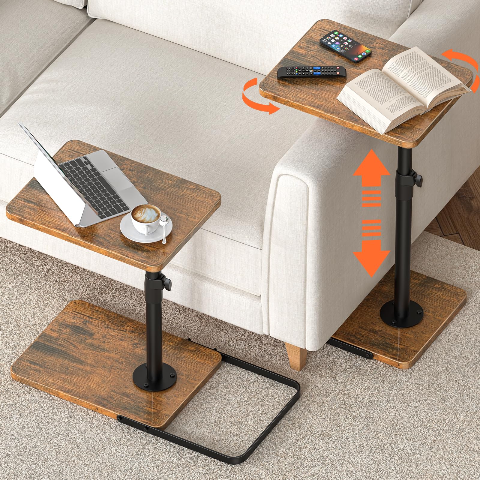 Dataroad Selead Tv Trays Set of 2 for Couch - 360°Swivel Height Adjustable, Larger Metal and Wooden Base to Prevent Slipping，TV Tray C Shaped End