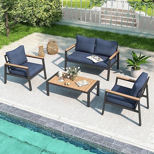 JOIVI Juego de muebles de aluminio para patio, juego de conversación al aire libre de 4 piezas con mesa de centro de madera de teca, juego de sofá