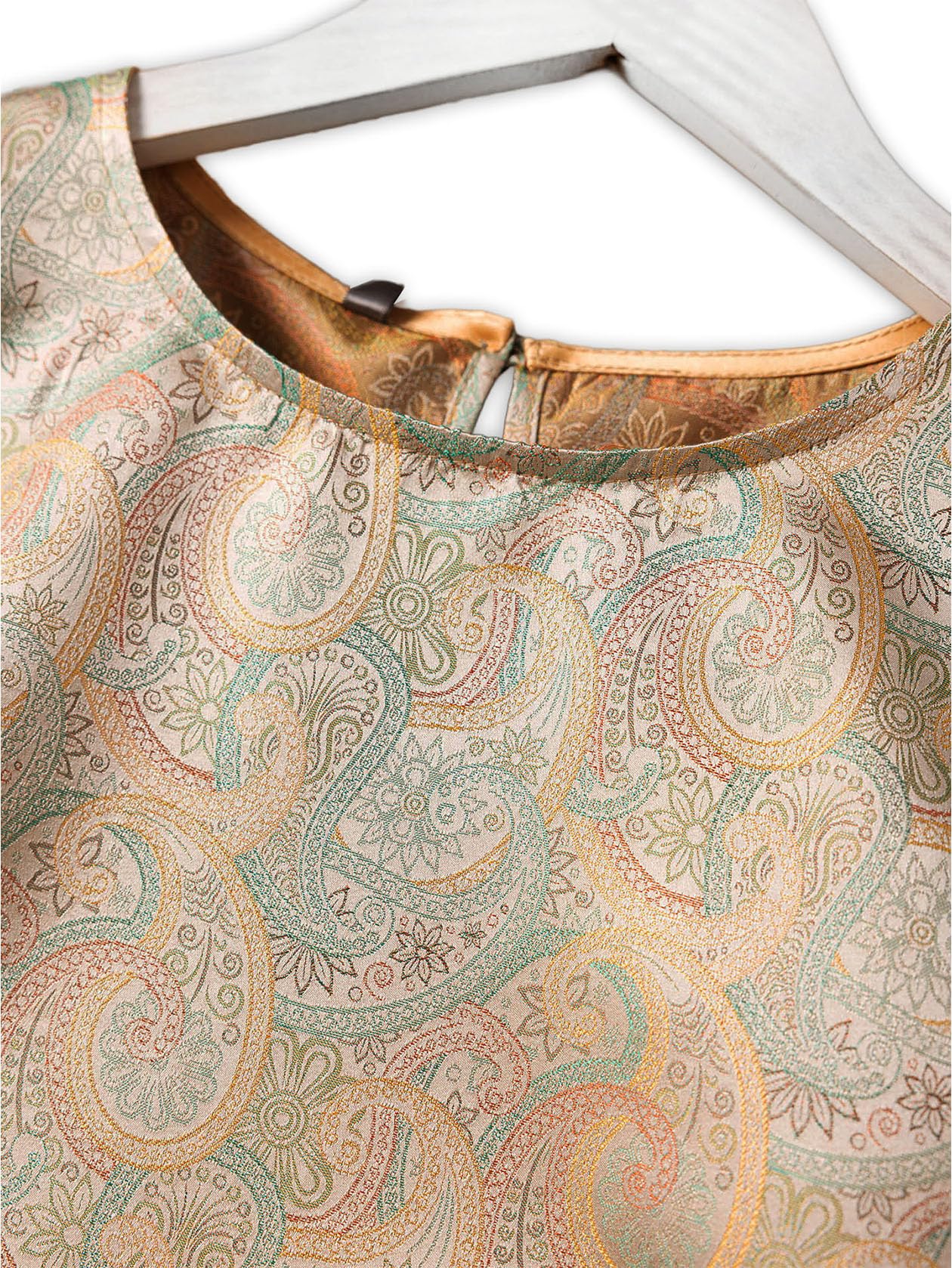 HangErFeng Damska Jedwabna Bluzka Piosenka Brocade Paisley Krótki Rękaw Okrągły Dekolt Top 633