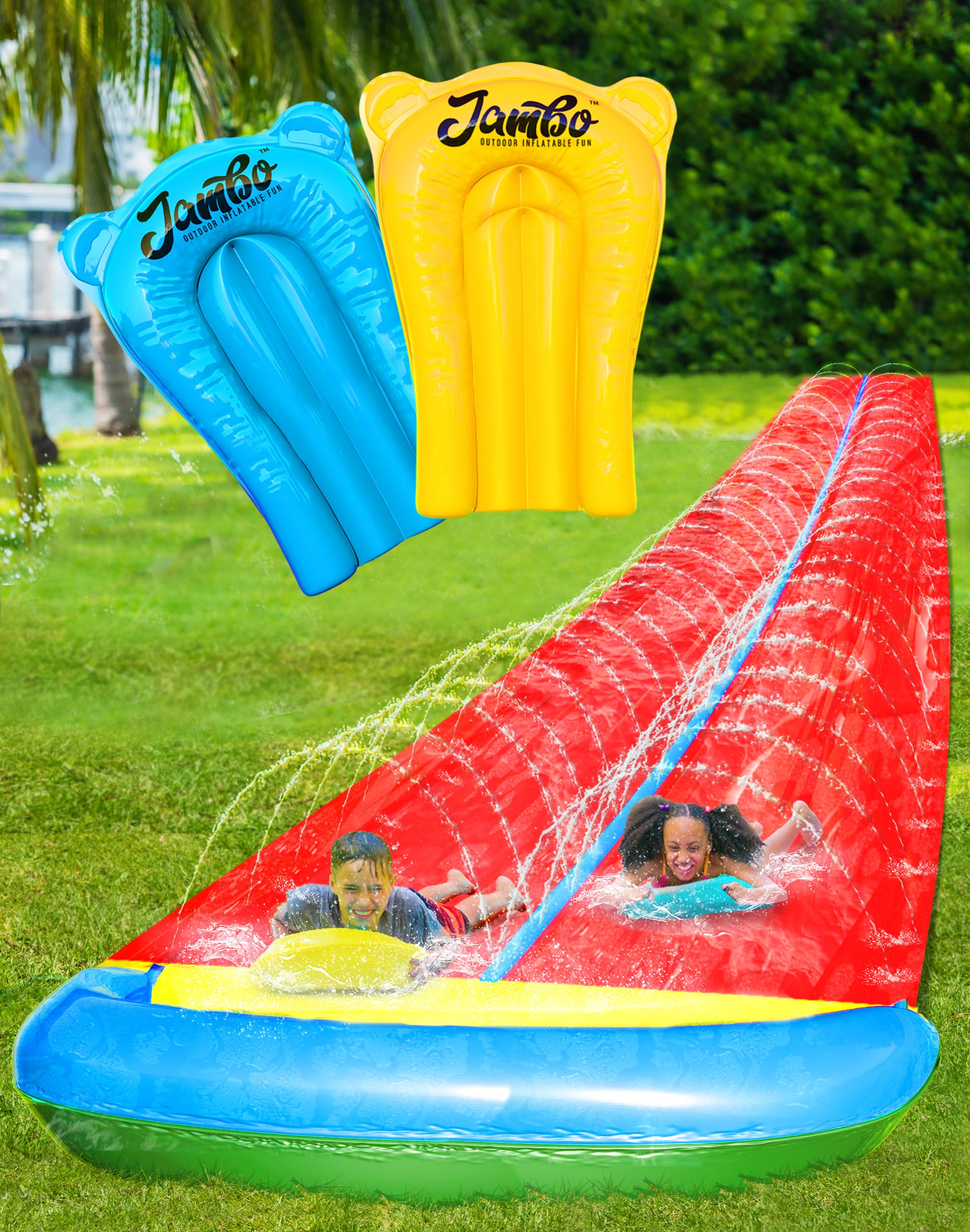 JAMBO 31.5Ft Extra Long Water Slide and 2 Bodyboards, Heavy Duty Slip Splash and Slide with Inflatable Crash Pad, Summer Water Toy Sprinkler, Backyard Outdoor Water Fun n Toys for Kids, Splash Mat