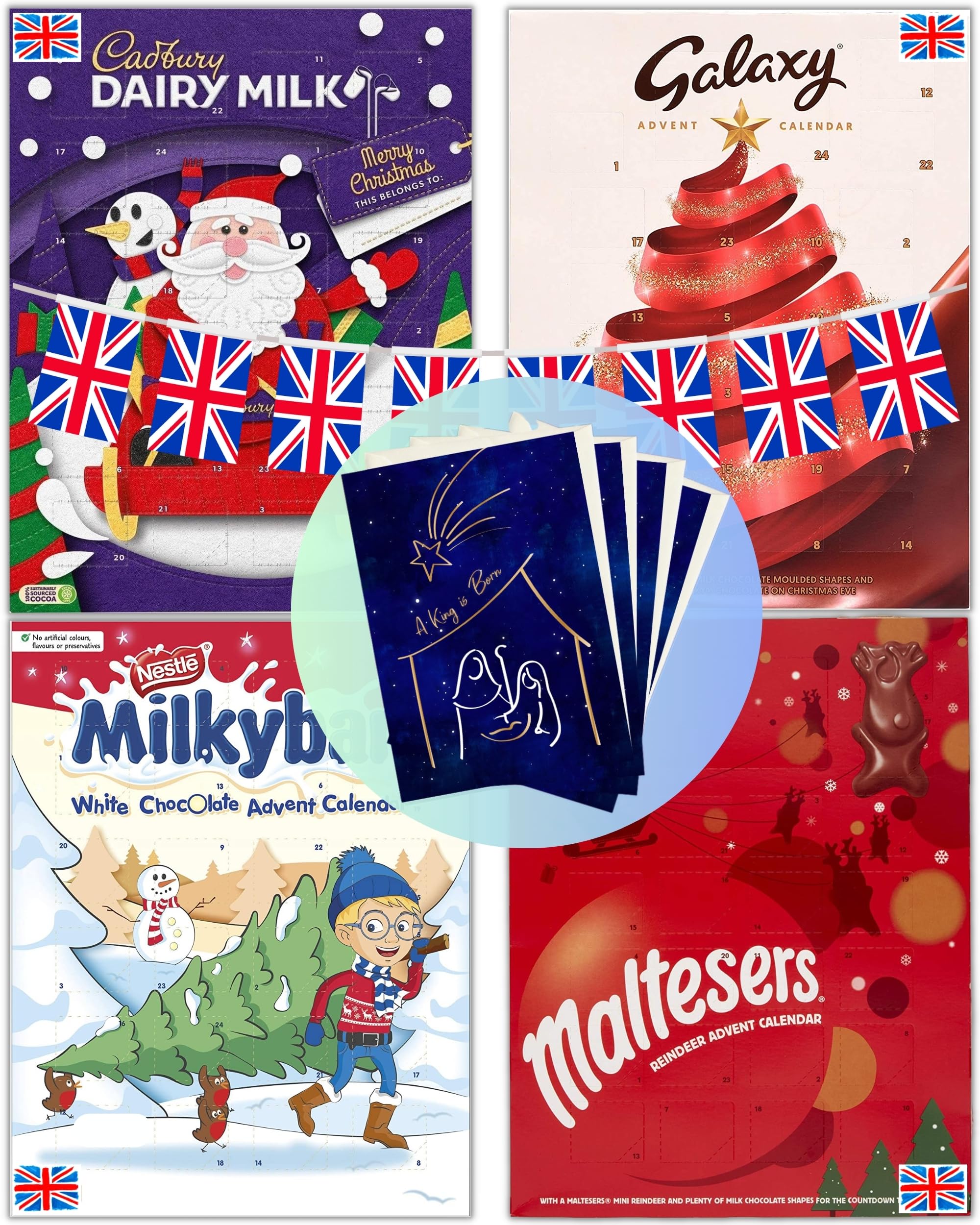 Chocolate Advent Calendar 2024 for Kids and Adults - British 4 Pack with Cadbury Dairy Milk, Galaxy, Maltesers and Milkybar - UK Chocolate Candy Favourites - With 4 Luxury Festive Greeting Cards