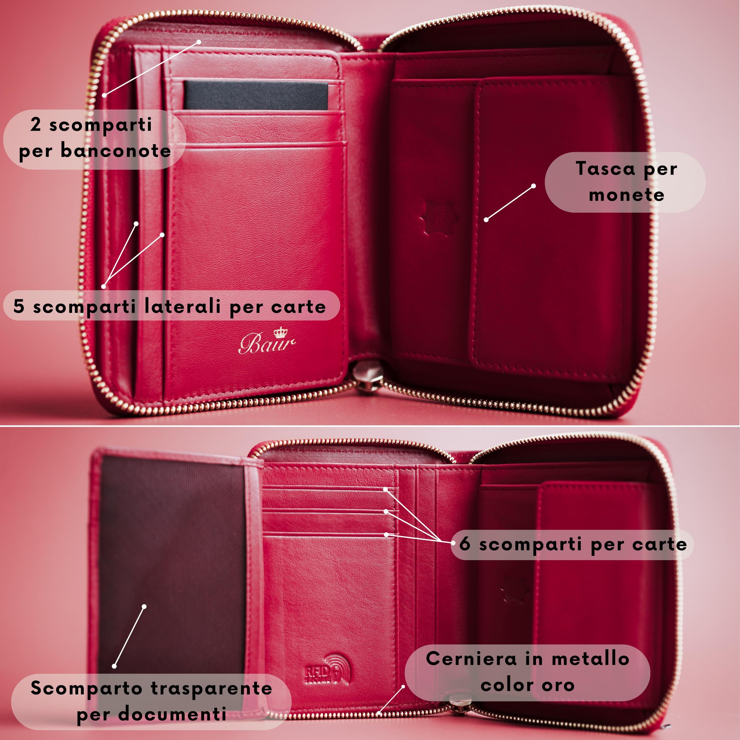 Baur portafoglio da donna – vera pelle nappa con protezione RFID – portamonete con molti scomparti carte e scomparto monete con bottone – cerniera metallica perimetrale (Cerniera oro, Rosso)