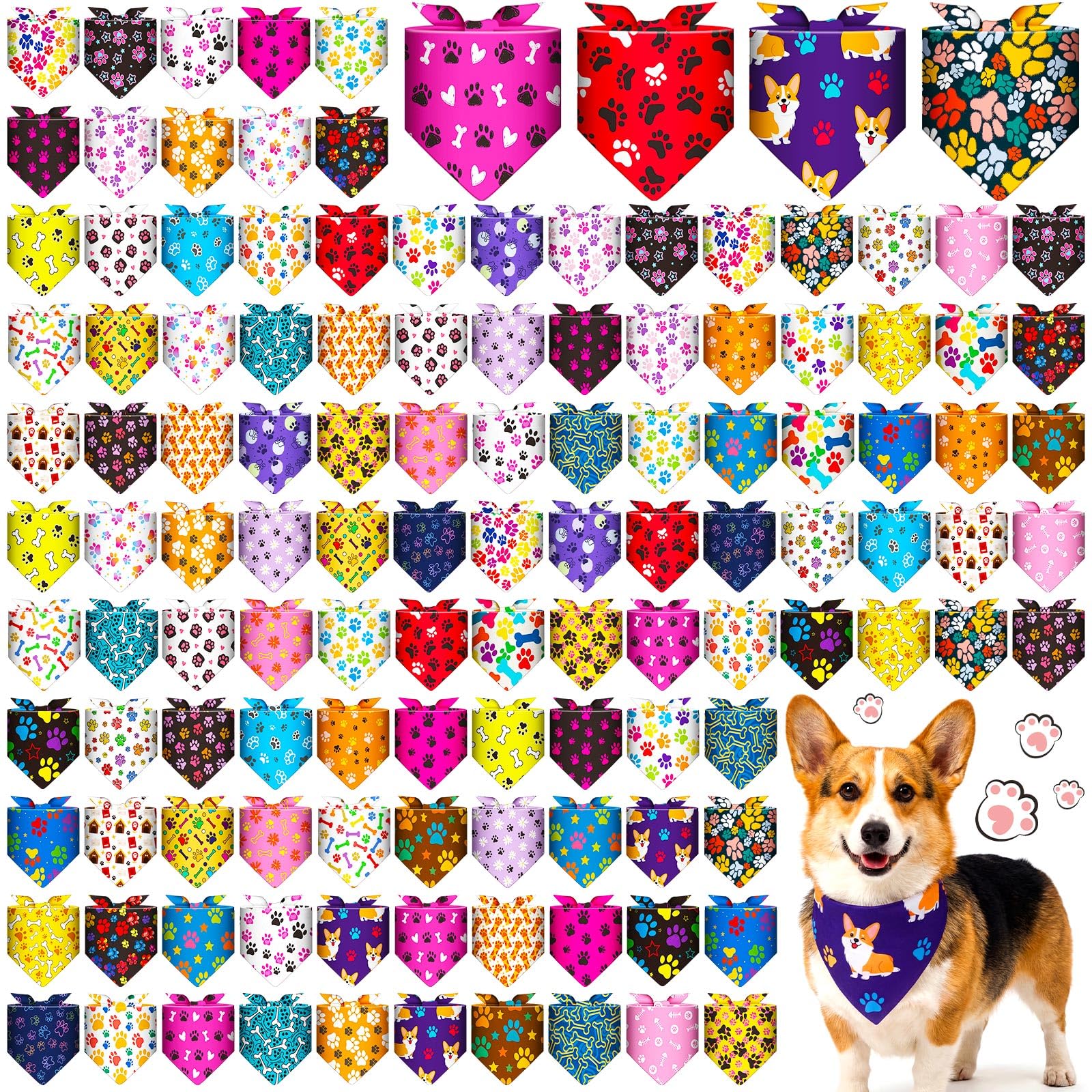 Sanwuta Lot de 120 bandanas en vrac pour animaux de compagnie en forme de patte de chien - Écharpe triangulaire colorée à motif de patte pour chiens de taille moyenne et grande - Pour anniversaire