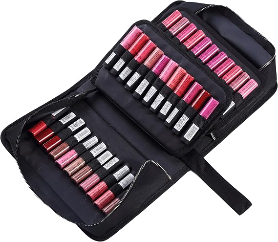 ROWNYEON Lipstick Organiser Bag Travel Portable Lipstick Case Holder with Carrying Handle Large CapacityMakeup Artist Lip Gloss Organizer Storage Cosmetic Bags (67 Slot Black)