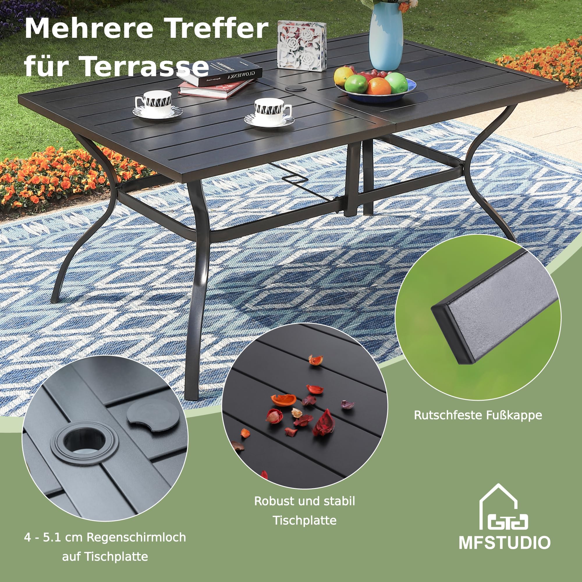 MFSTUDIO Gartenmöbel Set, Terassenmöbel Außen | Bestehend aus Tisch und 4 Stühlen, Rostfreies Metall, Stapelbare Stühle, 152 x 96 x 71 cm, Sonnenschirmöffnung 4–5 cm