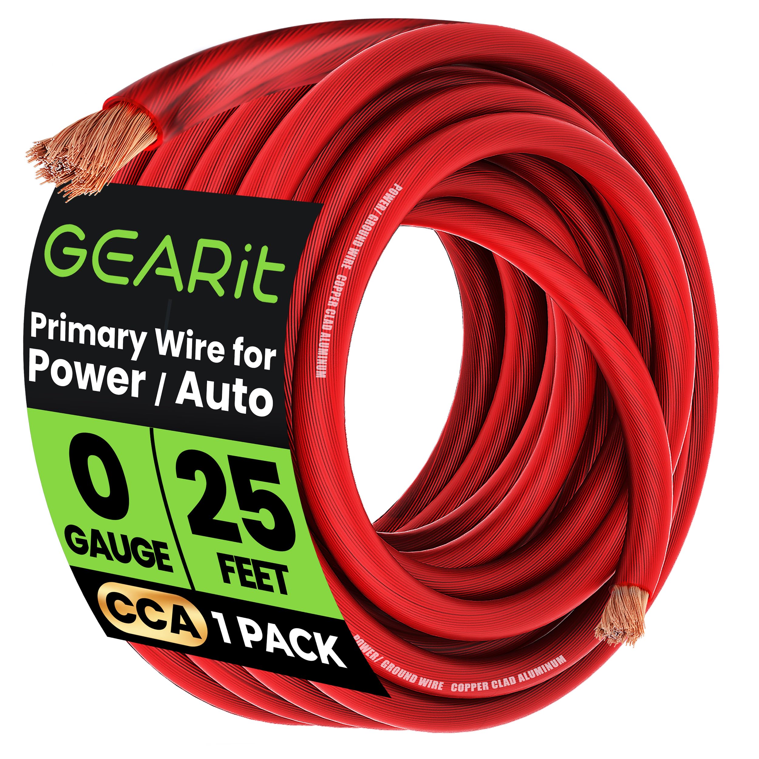 GearIT 1/0 Gauge Wire (25ft - Red Translucent) Copper Clad Aluminum CCA - Primary Automotive Wire Power/Ground, Battery Cable, Car Audio Speaker, RV Trailer, Amp, Electrical 0ga AWG 25 Feet