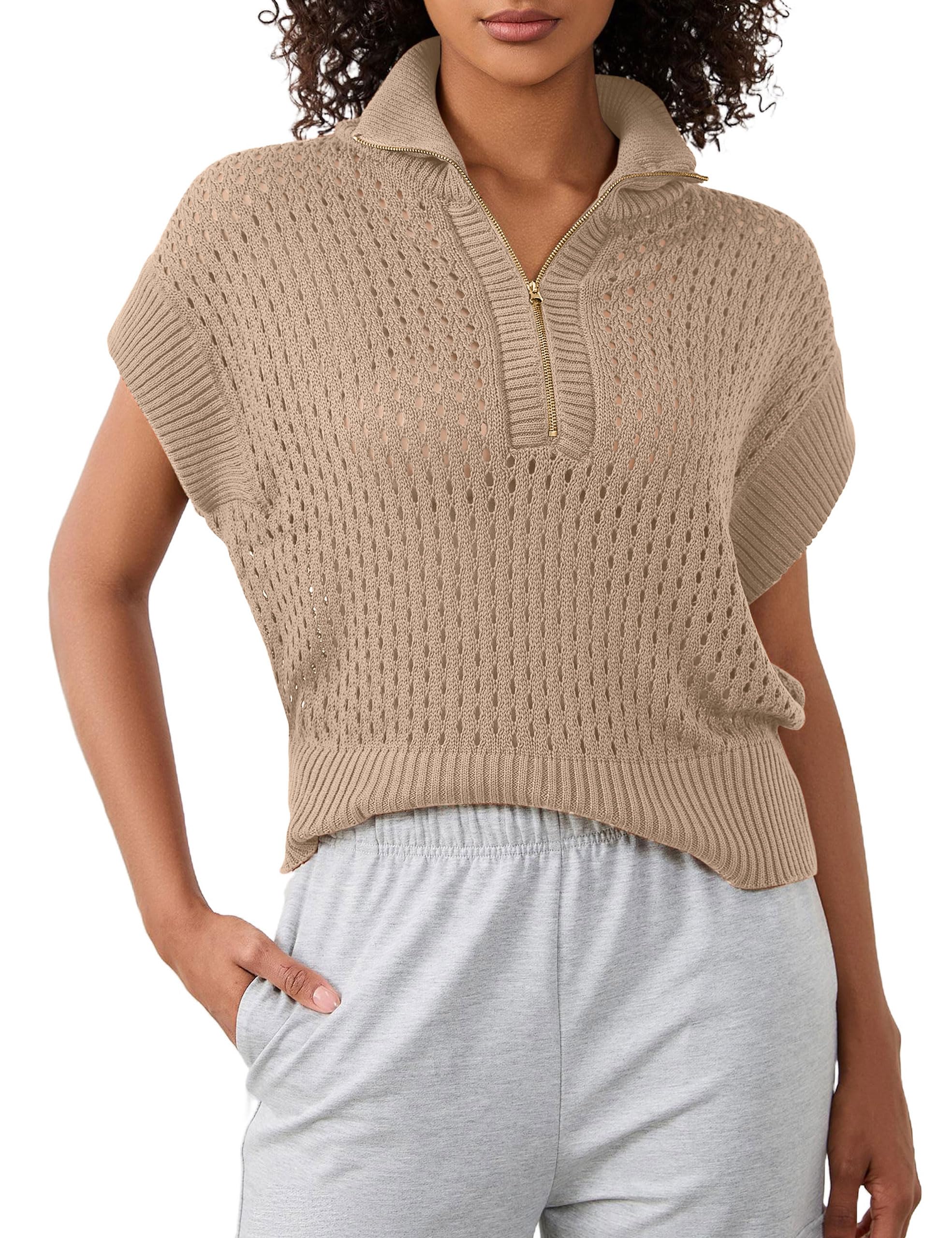 Womens Crochet Sweater Quarter Zip Cap Sleeve Tops Lightweight Hollow Out Fall Sweater Pullover Tops
