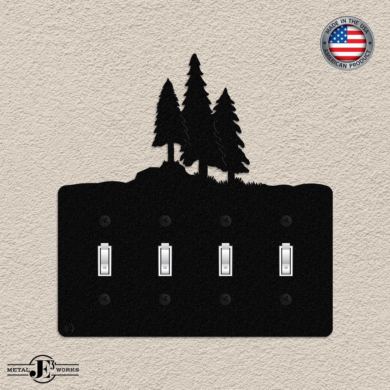 American Steel 3 Pine Trees Rustic Cabin Light Switch Cover Power Outlet Wall Plate, Quadruple Toggle, Black, MADE IN USA