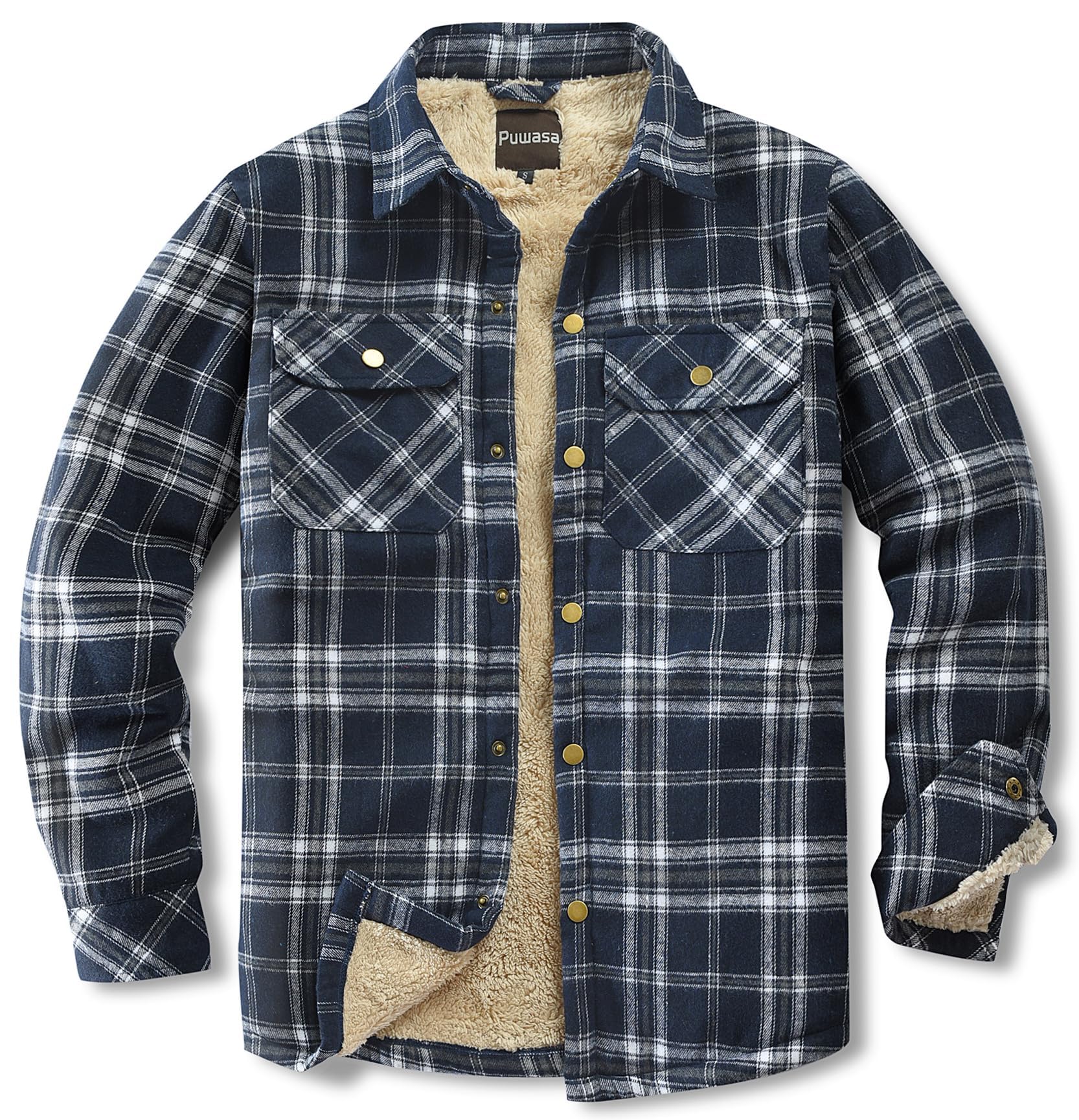 Mens Sherpa Lined Cotton Flannel Shirt Jacket Plaid Button Up Jacket Coat for Men with Pocket