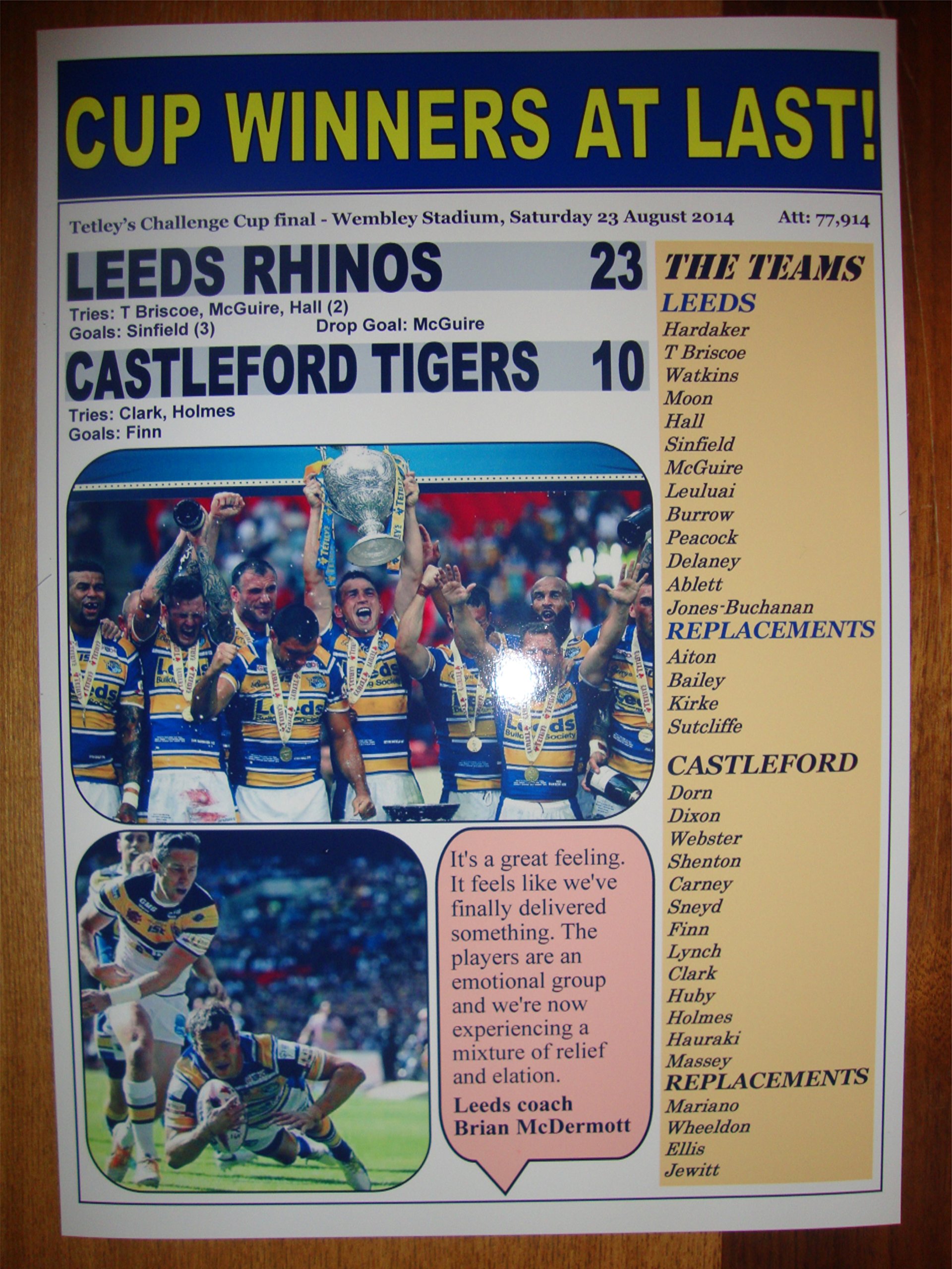 Lilywhite Multimedia Leeds Rhinos 23 Castleford Tigers 10 - 2014 Challenge Cup Final - Souvenir Print