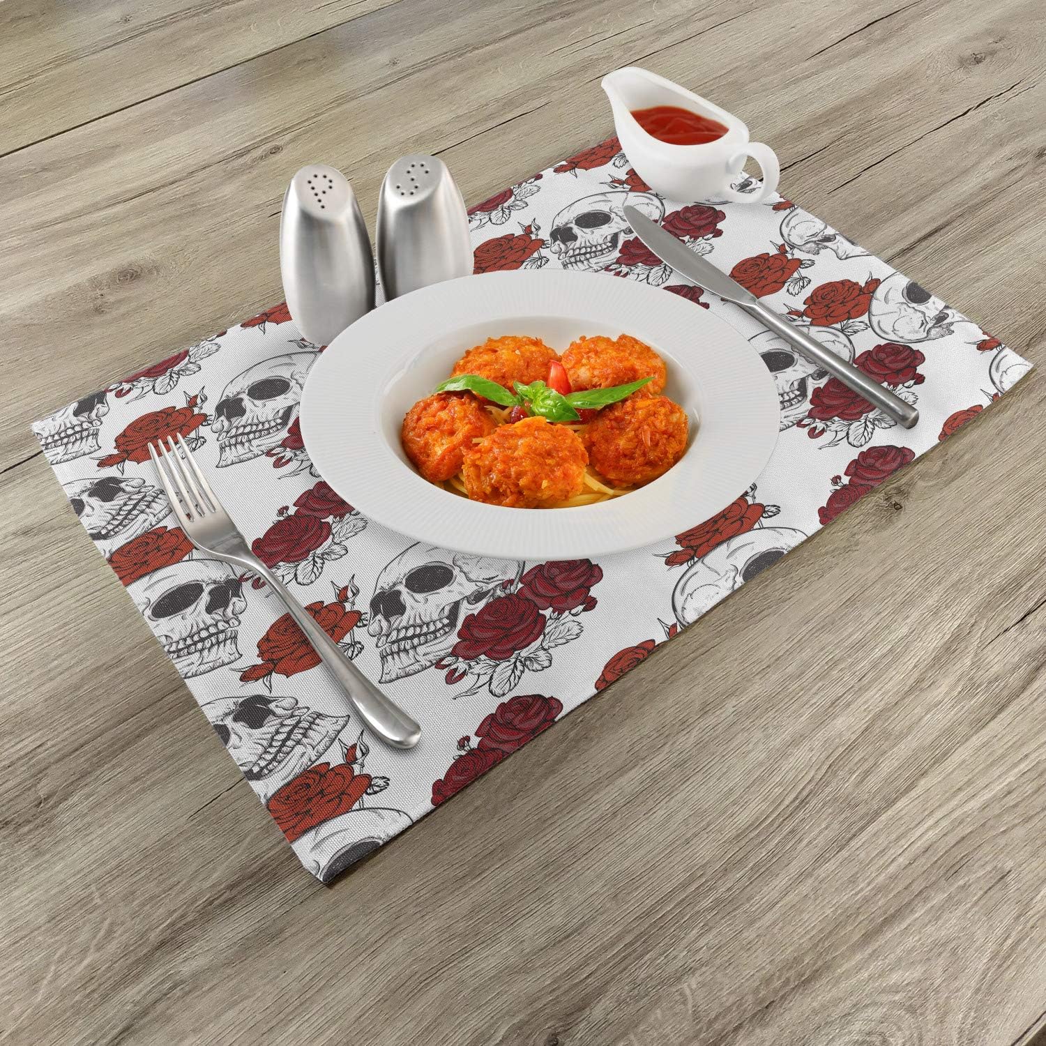 Ambesonne Skull Place Mats Set of 4, Retro Gothic Dead Head Skeleton with Roses Halloween Theme Spooky Trippy Romantic, Washable Fabric Placemats for Dining Table, Standard Size, Grey