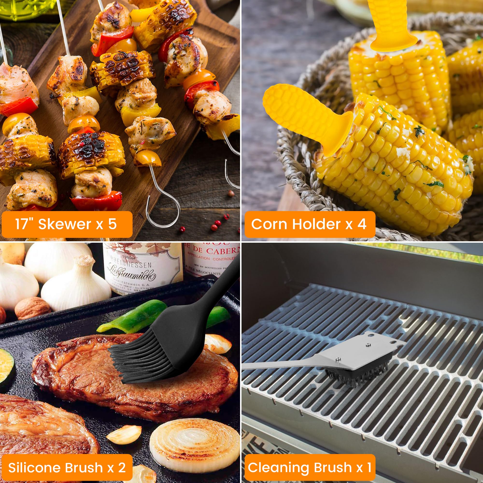 Juego de 24 Accesorios para Barbacoa, Juego de Herramientas para Barbacoa con espátula, Tenedor, Pinzas para Barbacoa, Palillos para Barbacoa, brochetas, Soporte para mazorcas de maíz
