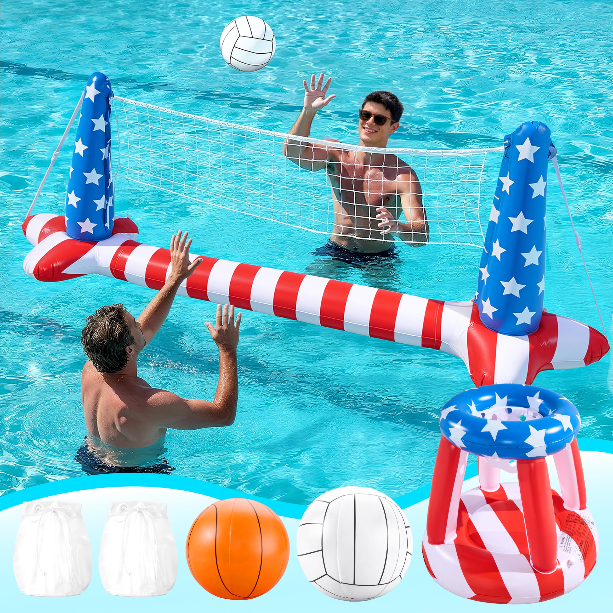 Photo 1 of SLOOSH 4th of July Pool Games Set, Inflatable Pool Floats Set American Flag Volleyball Net & Basketball Hoops, Swimming Pool Game Toy for Kids and Adults, Floating, Volleyball Court (105”x35”)