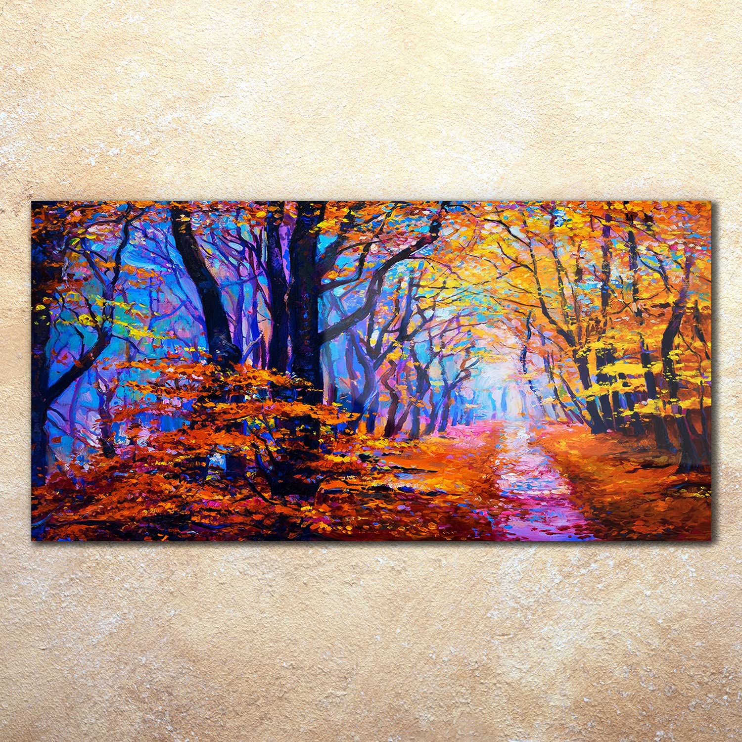 Coloray Pintura acrílica Cuadro De Pared 140x70cm Vidrio Acrílico Arte Sala De Estar Mural - Árboles del bosque de otoño