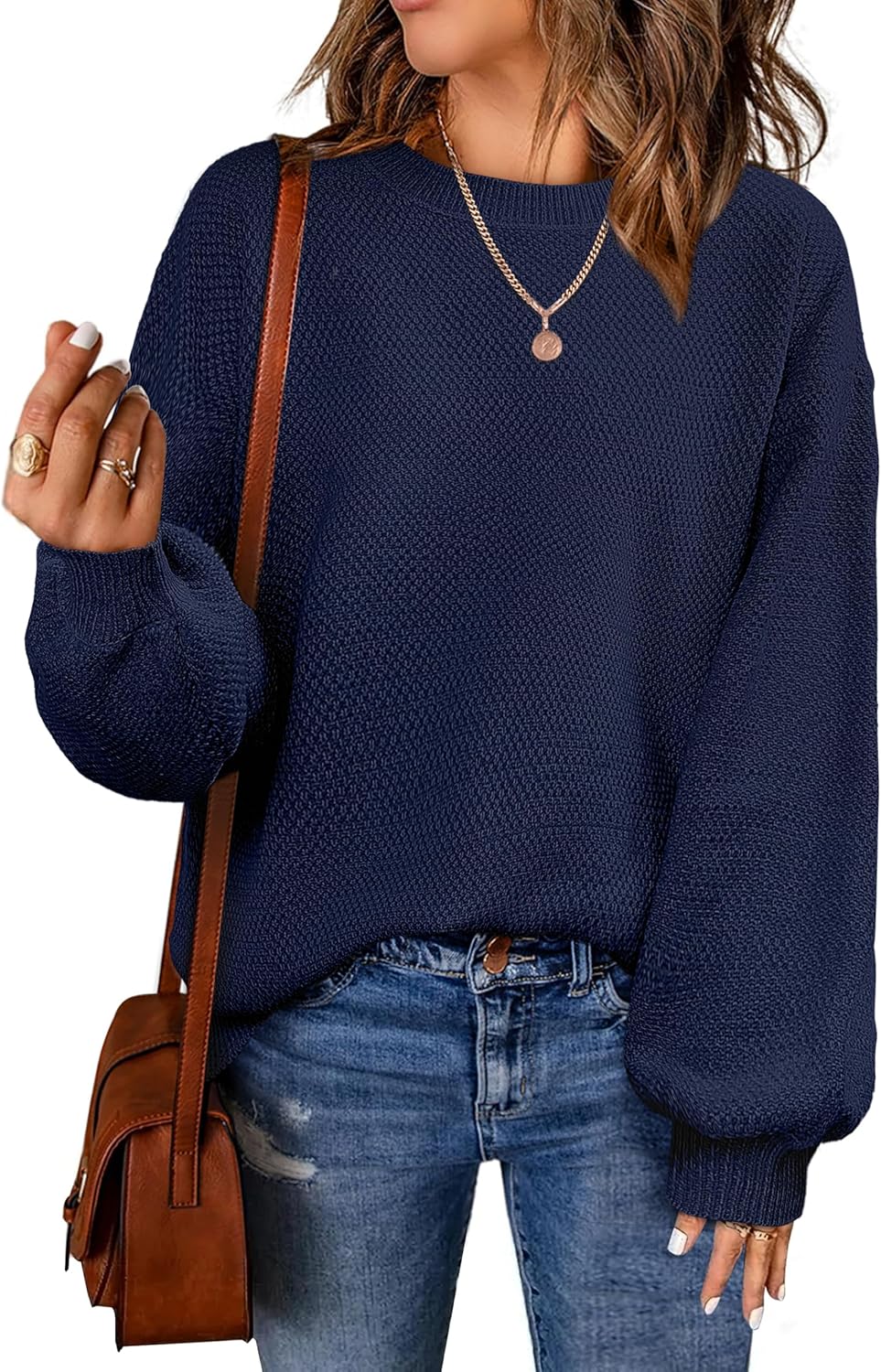 NIeyook Pullover Sweaters for Women Fall 2024 Long Sleeve Knit Tops Oversized Crew Neck Pullover Sweater Dressy Casual Navy Blue L