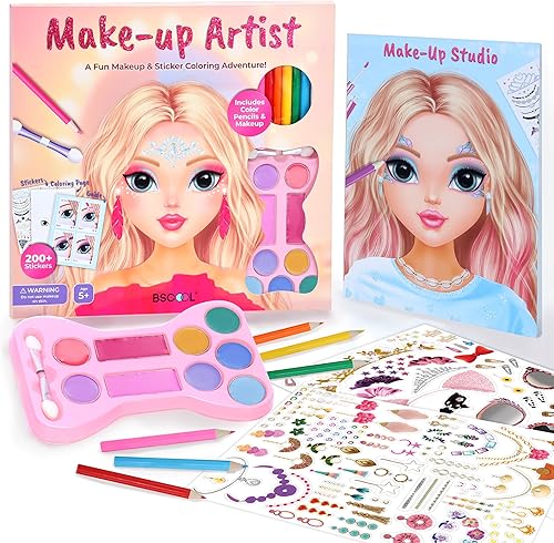 BSCOOL Artista de maquillaje. Maquillaje divertido 3 en 1, calcomanías, kit de colorear, incluye lápices de colores, paleta de maquillaje y más de