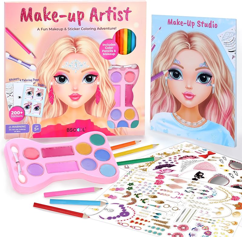 BSCOOL Makeup Studio Book for Kids with Coloring, Stickers & Palette