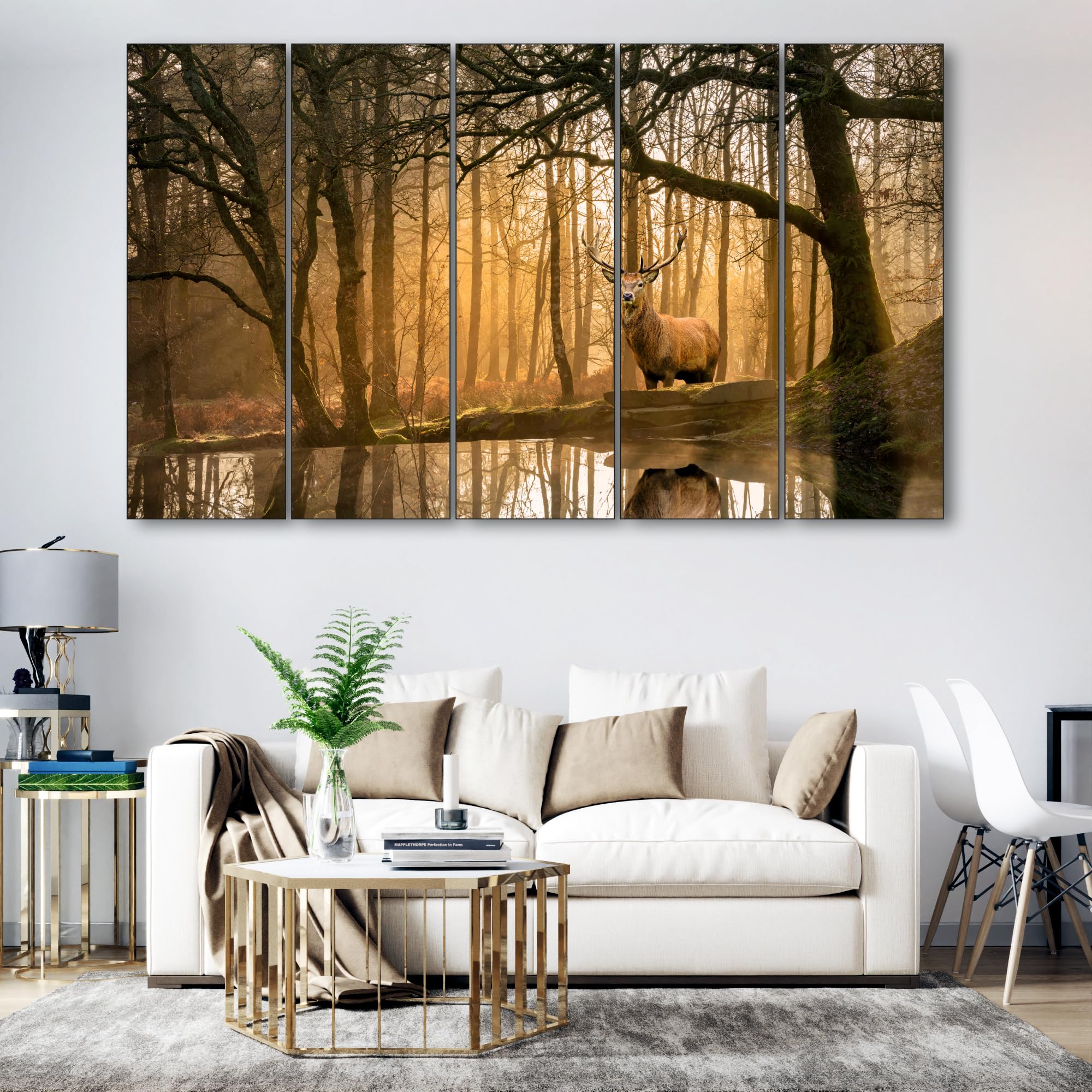 The Castle Decor Golden Deer Wall Painting for Living Room Big Size - Deer Wall Painting for Bedroom, Office, Drawing Room, Hotel - Elegant Wall Decor Art for Home Decoration, Gifting (27x48 inch)