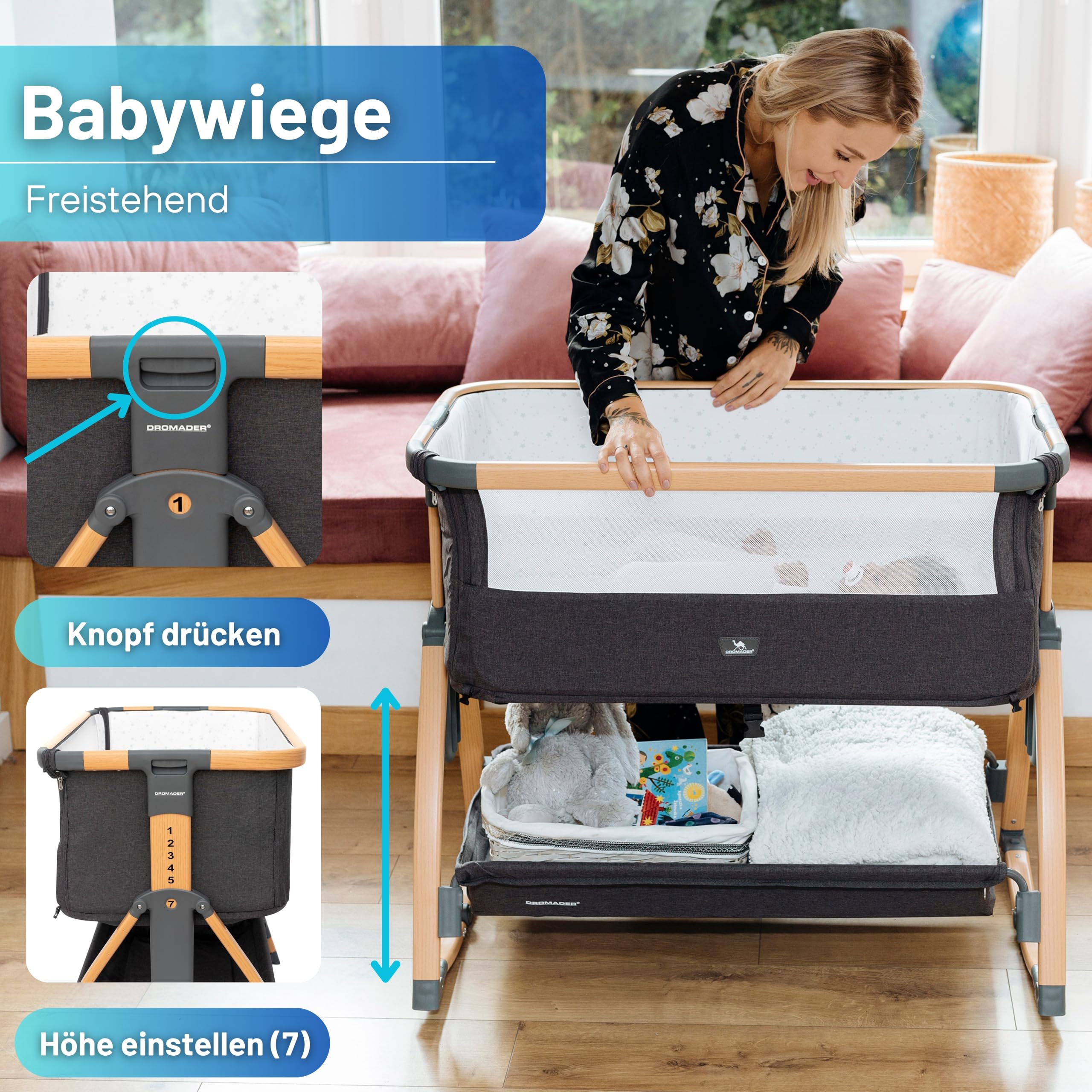 DROMADER Beistellbett Baby 3in1 - Babybett, Babywippe, Reisebett Baby mit Matratze, 0–6 Monate, max 9kg – Stubenwagen mit 7 Höhenverstellungen, Wiegefunktion, Atmungsaktives Netz – Tragetasche