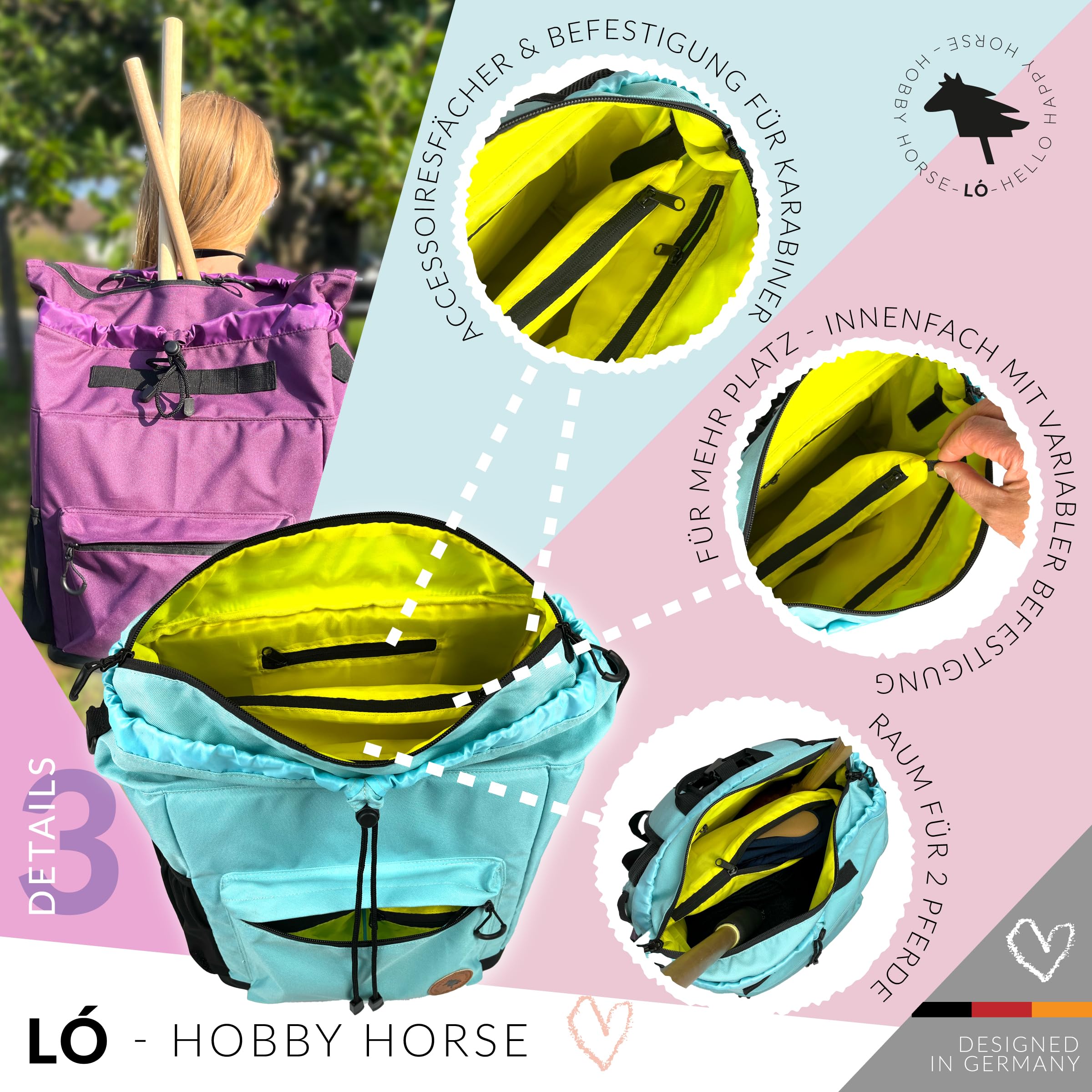 Driver13 LÓ Hobbyhorse Rucksack Steckenpferd, Hobbyhorsing Tasche, Transport bis 4 Hobbyhorses, Aruba Blau/Hell