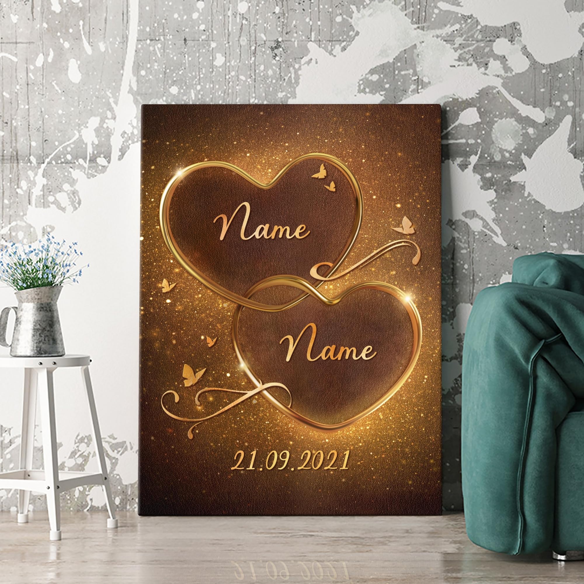 Liebesleinwand Personalisiertes Geschenk für Partner Geschenk Jahrestag, Verlobung, Hochzeitstag | Leinwandbild romantisch gestalten | Goldene Verbundenheit