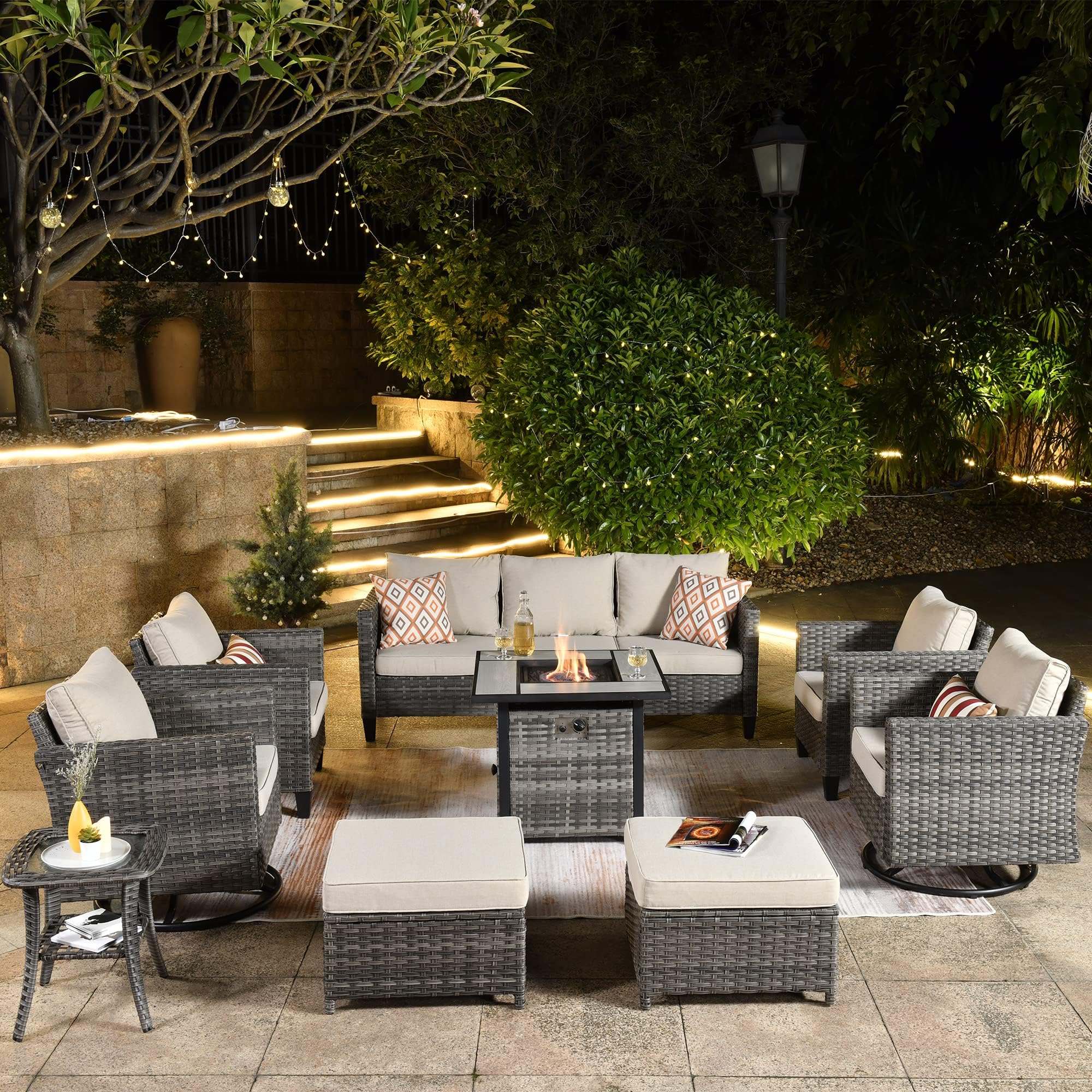 ovios 9 Pieces Patio Furniture Set with Square Fire Pit Table, Outdoor Swivel Rocking Chairs, High Back Wicker Rattan Conversation Set for Deck Porch, Beige