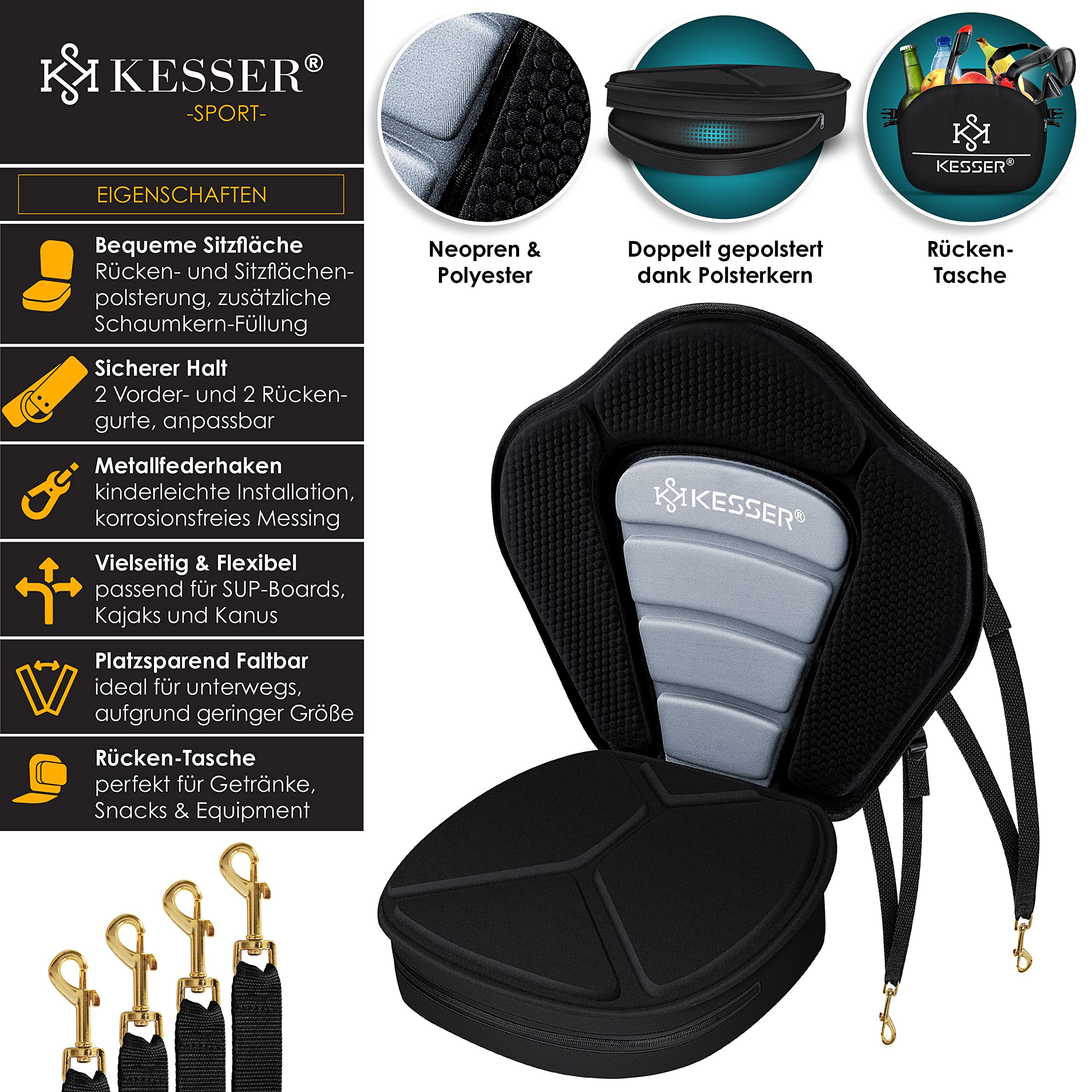 KESSER® Kajak-Sitz Premium für SUP Board Stand Up Paddle Surfboard Sitz - Inkl. Mit Tasche - SUP Paddling Paddelboards Gepolsterte Sitz 32x38cm, Rückenlehne 51x45cm schnell und einfach montiert