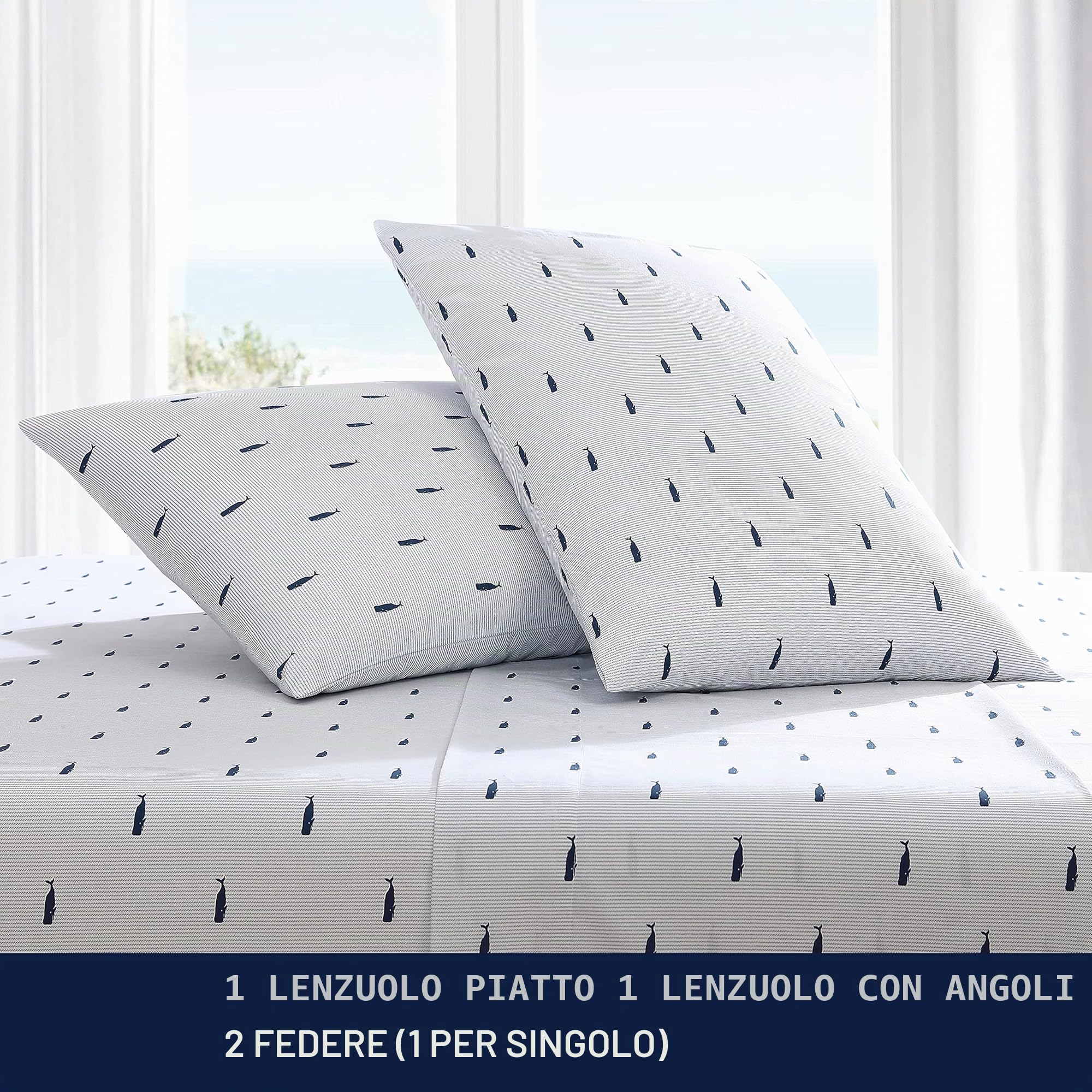 Nautica - Lenzuola per letto matrimoniale XL, set di biancheria da letto in percalle di cotone, decorazione per la casa costiera, elementi essenziali per la camera da letto (balena a righe blu, Twin