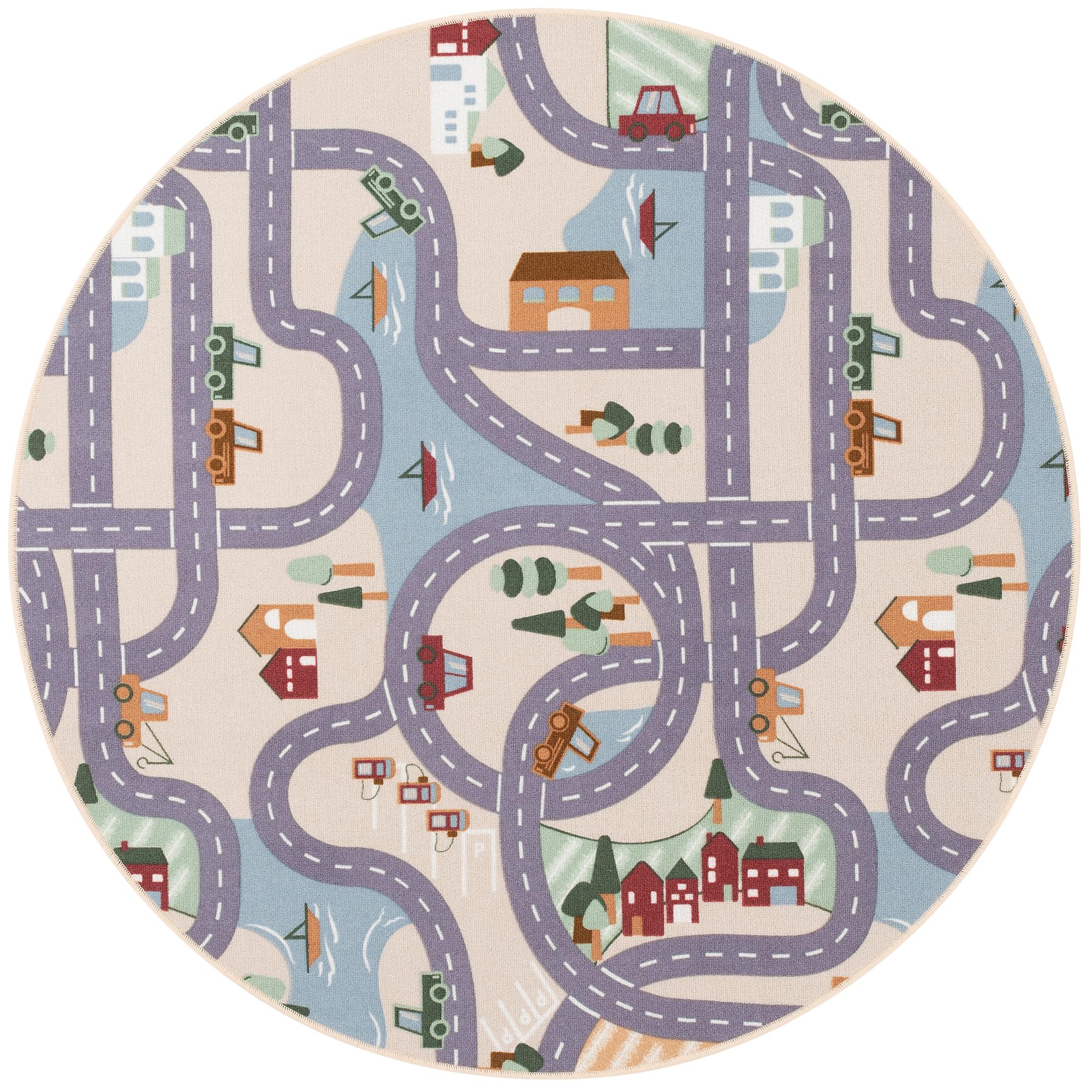Snapstyle Fun Town Beige Kinder Straßenteppich Rund – Spielteppich Kinderzimmer Straßen Design, pflegeleicht