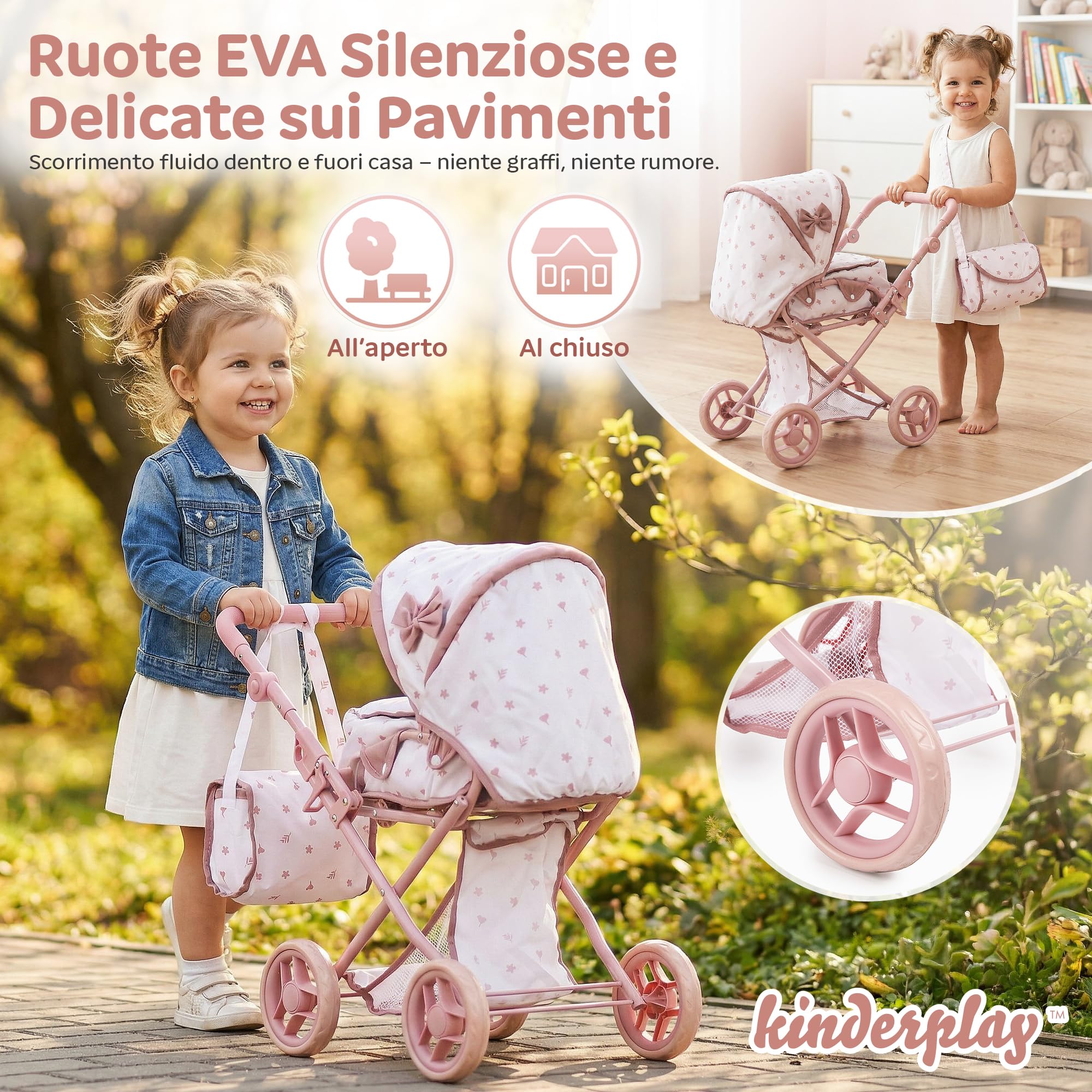 Kinderplay Passeggino per bambole 3 in 1 rosa con borsa per il trasporto – Passeggino regolabile in altezza 36,5 – 64 cm, pieghevole, ruote in schiuma silenziose, per bambole fino a 40 cm, dai 3 anni
