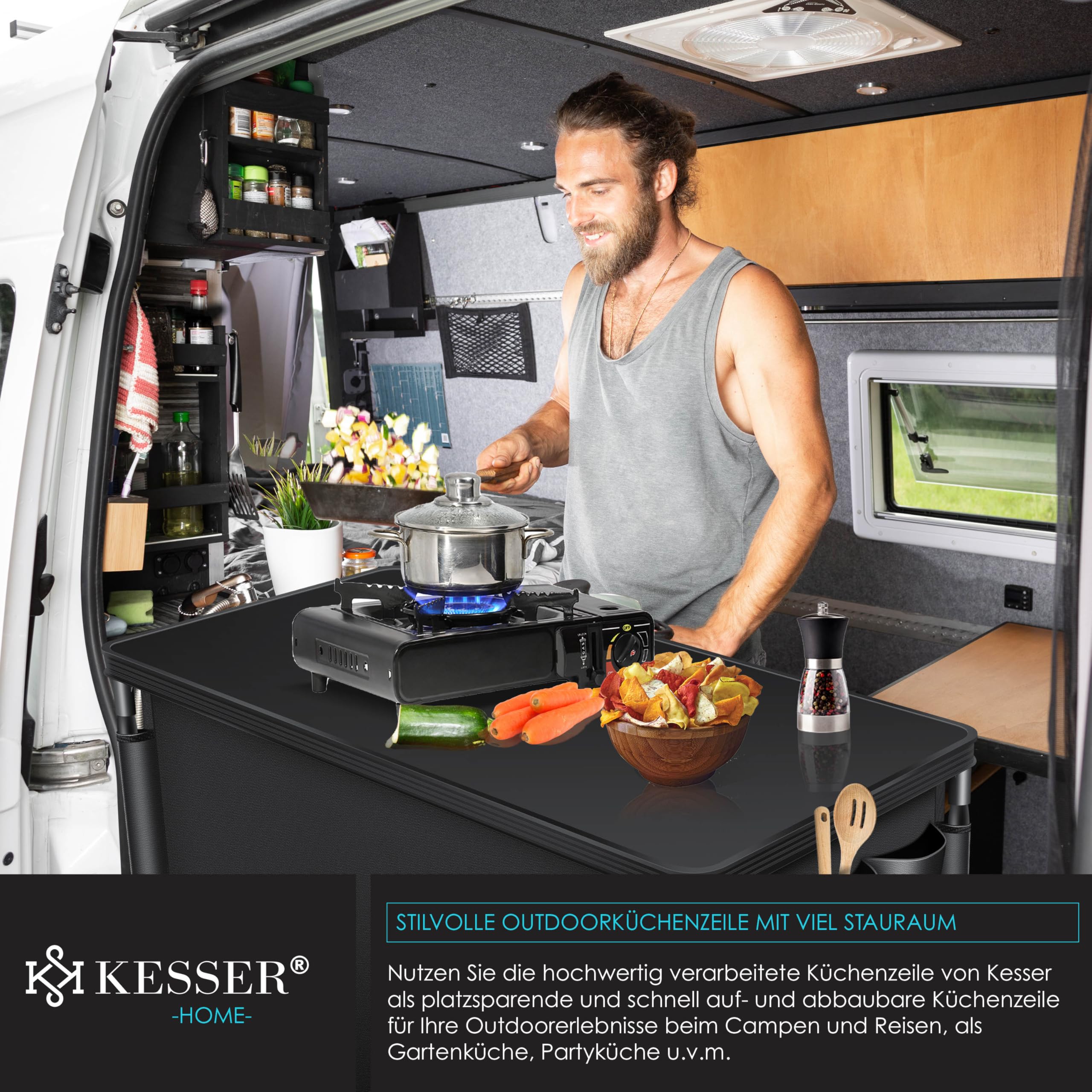 KESSER® Campingküche | Inkl. Tragetasche | Campingschrank Faltschrank | mit Aluminiumgestell | Reiseküche | Küchenbox | Zeltschrank | Outdoor Camping Küche | Schwarz/Schwarz | Typ F6
