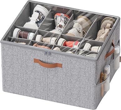 SONGMICS Organizador de Zapatos, Caja Almacenaje para 16 Pares de Zapatos, Asas, Ahorra Espacio, con Tapa Transparente, Ajustable, para Armario, Gris Paloma LSP555G01