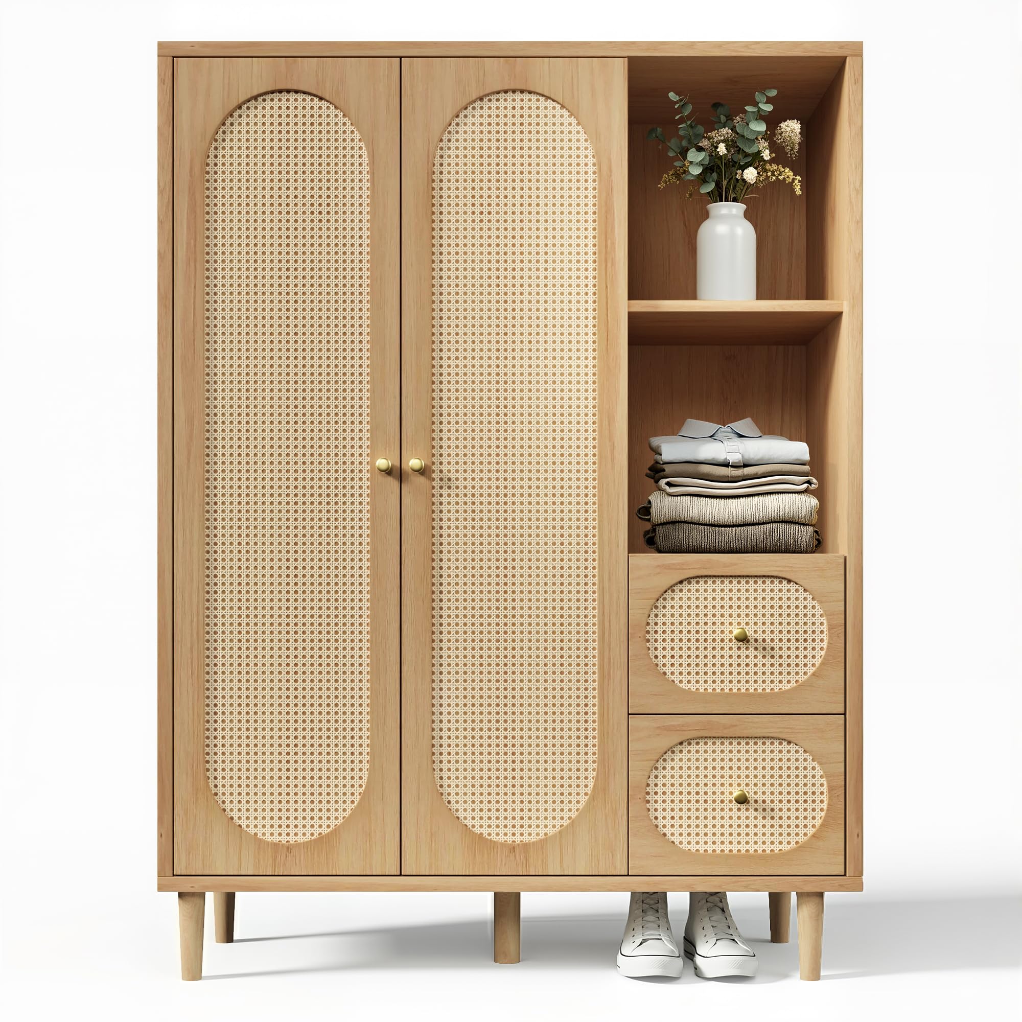 HD26052005 Armoire à portes pivotantes avec 2 portes en rotin et 2 tiroirs en rotin, armoire multifonction avec 2 étagères ouvertes, 120 x 44 x 161 cm, chêne