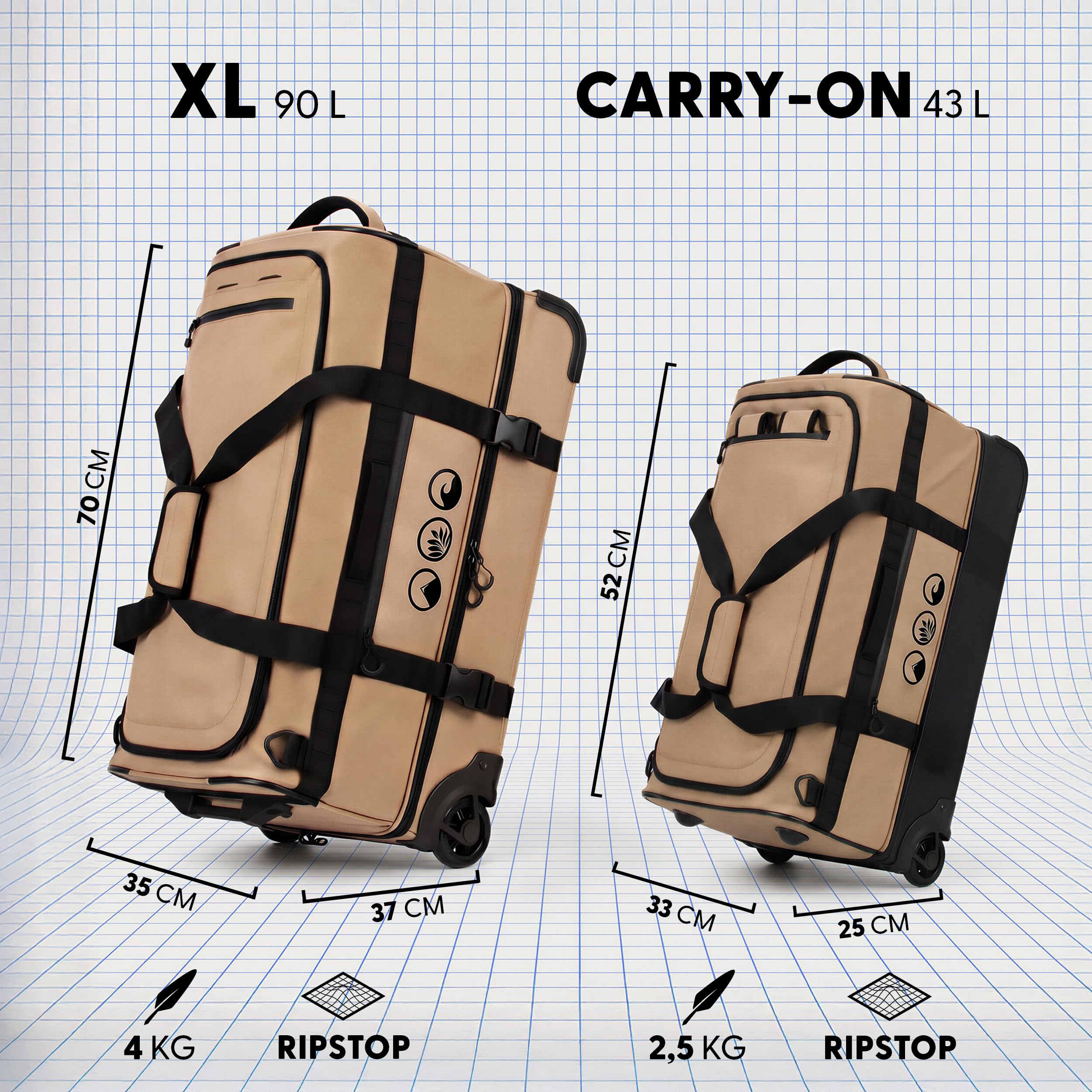 XL Reisetasche mit Rollen 3-in-1 Rucksack, Reisetasche und Trolley wasserabweisend | Flow mit Schuhfach und Schutzecken für Herren & Damen | Reise-Tasche aus hochwertigem Ripstop beige