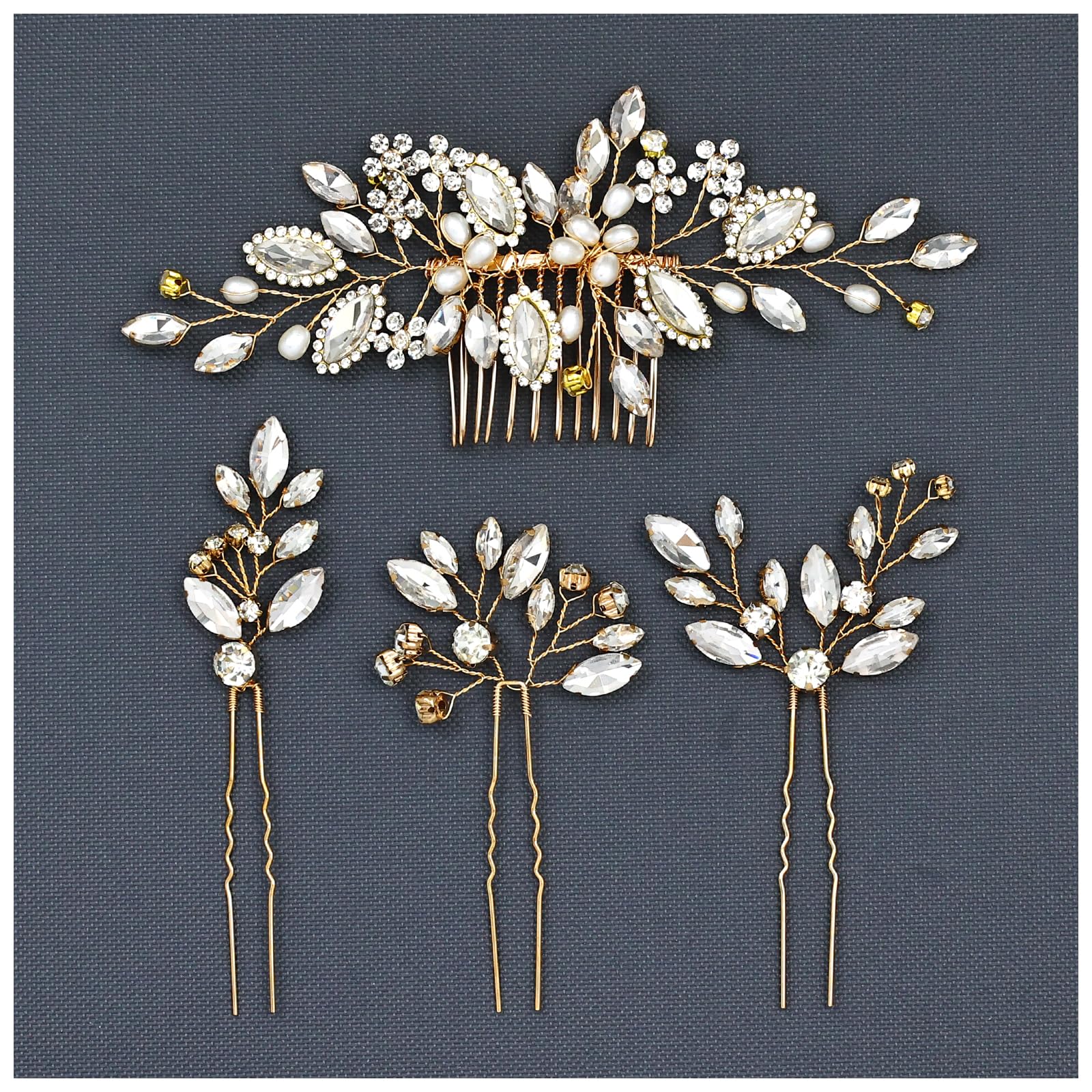 inSowni 4 Pieces Gold Metal Wedding Bridal Rhinestone Hair Side Comb Slide+U-shaped Rhinestone Hair Pins Prom Party Headpieces for Brides Bridesmaids Women Girls Gold White