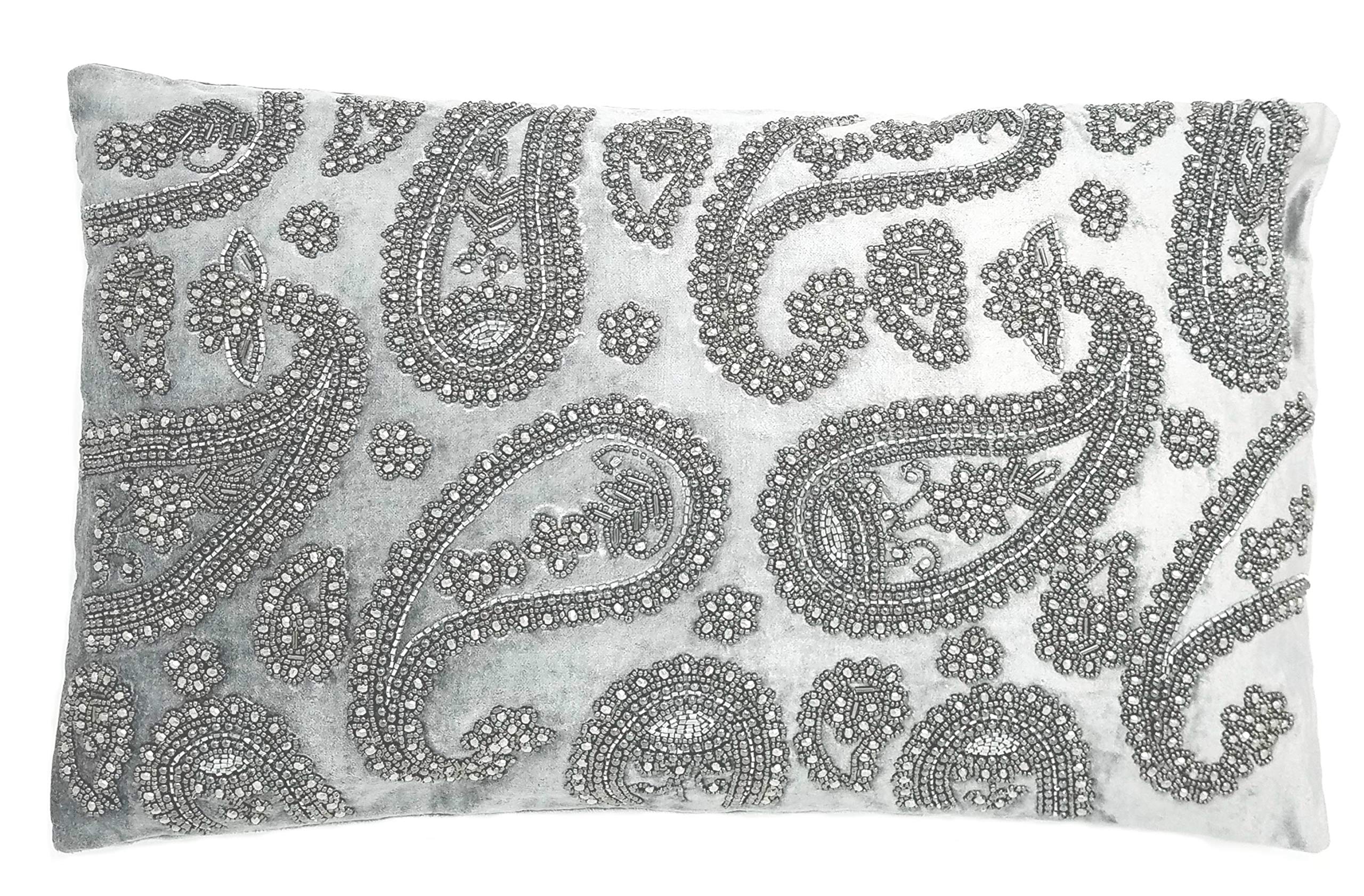 SW-563, 12" X 20," Rectangle Silver Antique Hand-Beaded Imported from India Decorative Accent Cushion, Sofa Couch Bed Throw Pillow Shell: 60% Viscose, 40% Cotton; Filling: Polyester